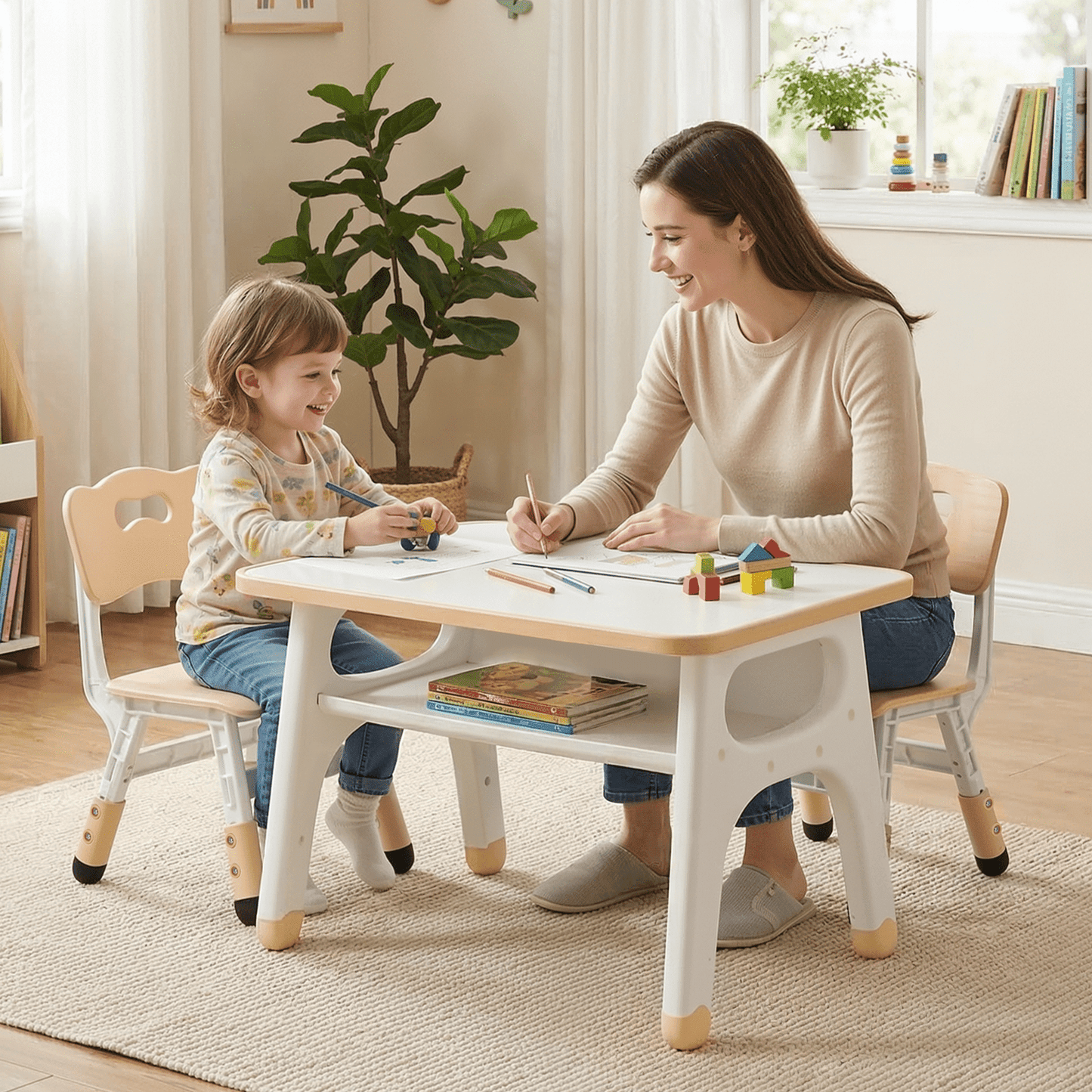 LAZY BUDDY Kids Table and 2 Chairs Set, Toddler Activity Table with Built-in Storage Shelf & Graffiti Desktop, Adjustable Chair