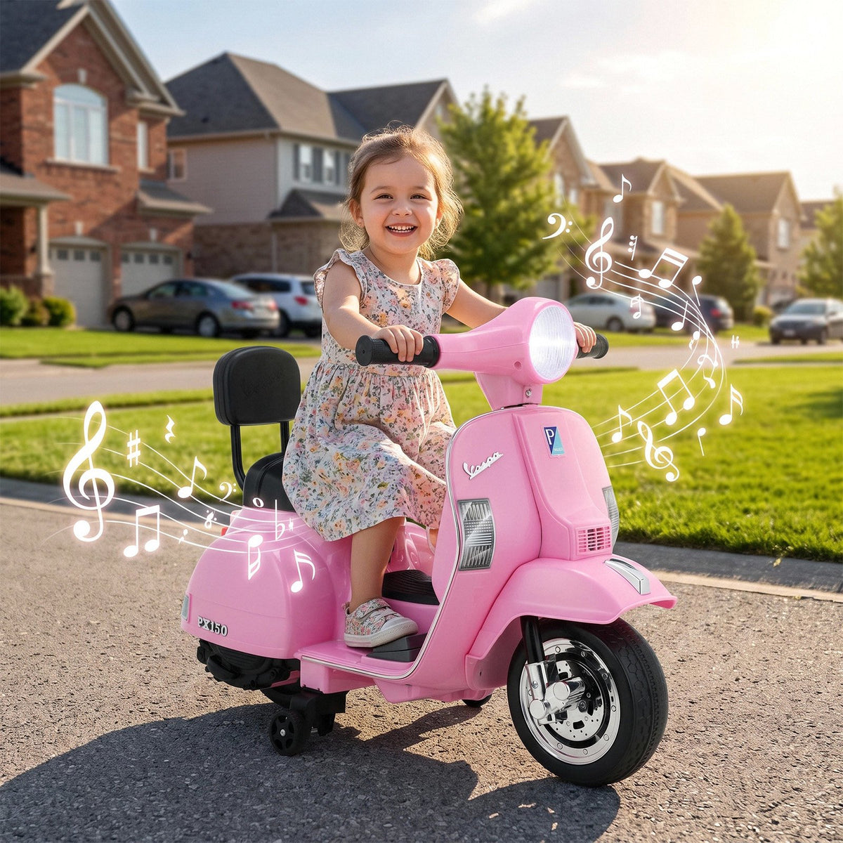 LAZY BUDDY Licensed Vespa Ride on Scooter, 6V Electric Motorcycle for Kids with Training Wheels, LED Headlight, Ride on Toy Gift for 3+