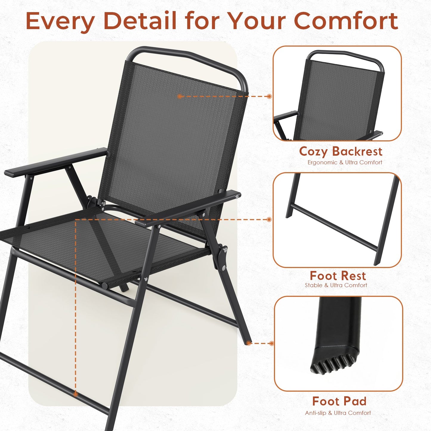 LAZY BUDDY Folding Patio Chairs Set of 2/4, Outdoor Dining Chairs with Armrests, Breathable Textilene & Steel Frame for Lawn, Garden, Yard or Poolside