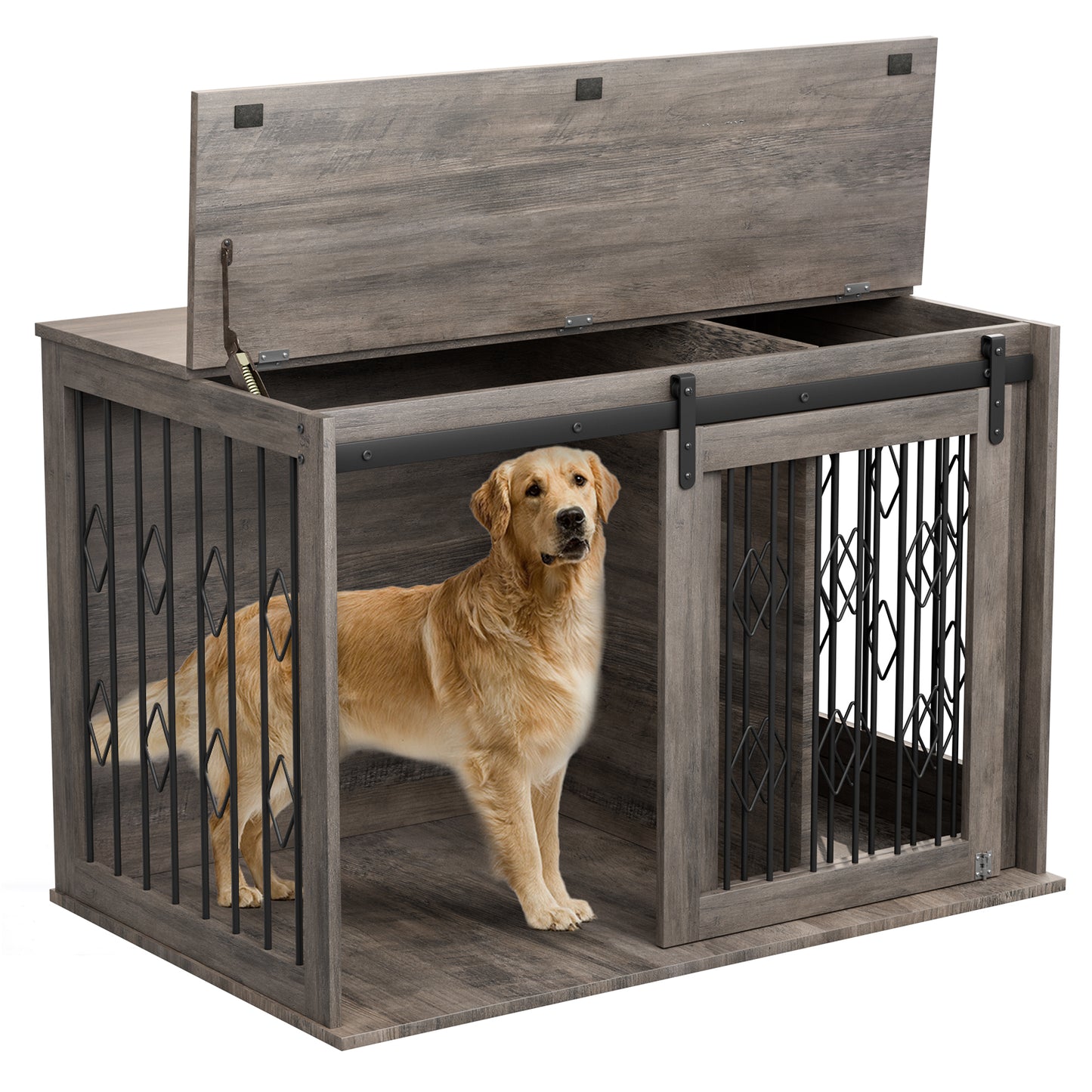 LAZY BUDDY 39.4" Dog Crate Furniture, Wooden Dog Kennel w/Sliding Door, Detachable Divider, and Flip-up Top