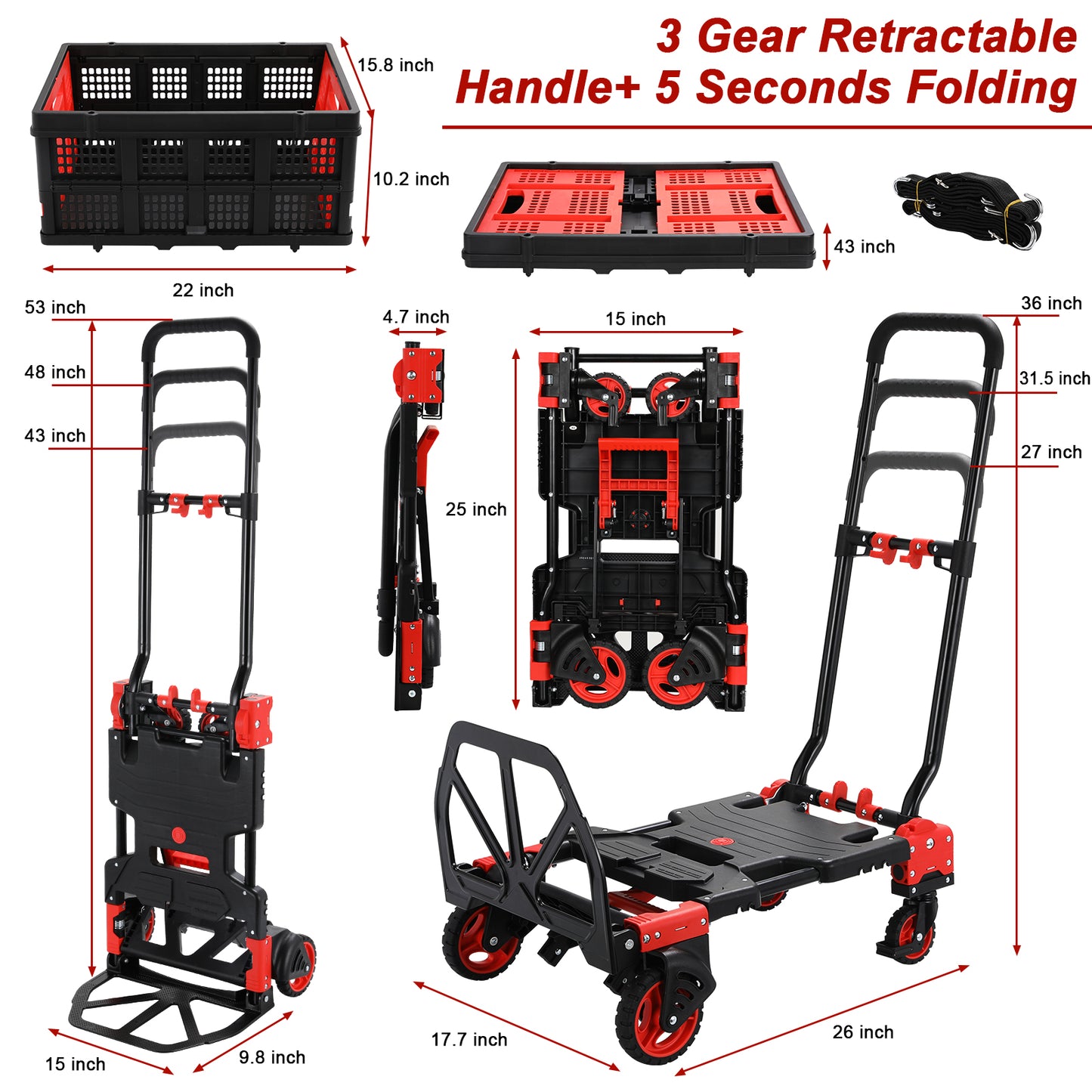 LAZY BUDDY Folding Hand Truck Dolly, 2-in-1 Heavy-duty Platform Cart with 22" Folding Basket, Collapsible Utility Luggage Dolly Cart, Red, 330LBS