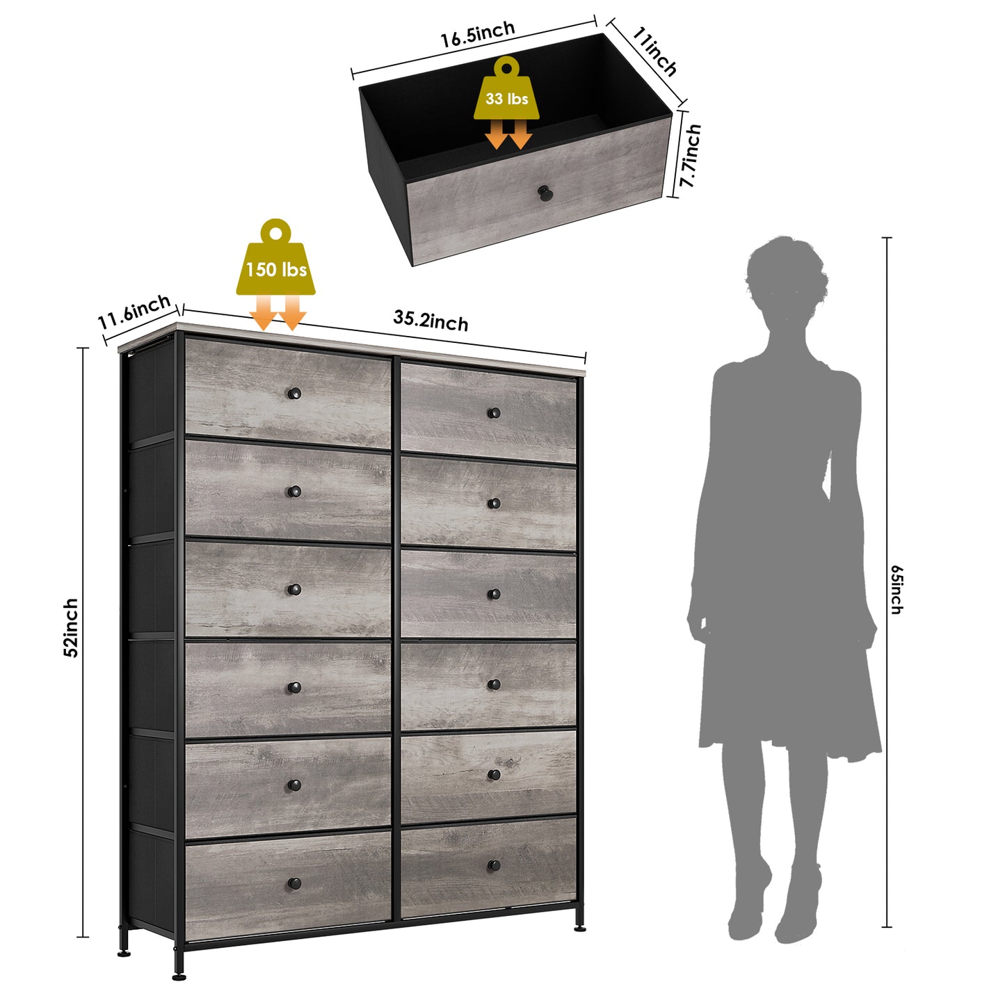 LAZY BUDDY Dresser for Bedroom, 12-drawer Fabric Dresser with Steel Frame & Wooden Top