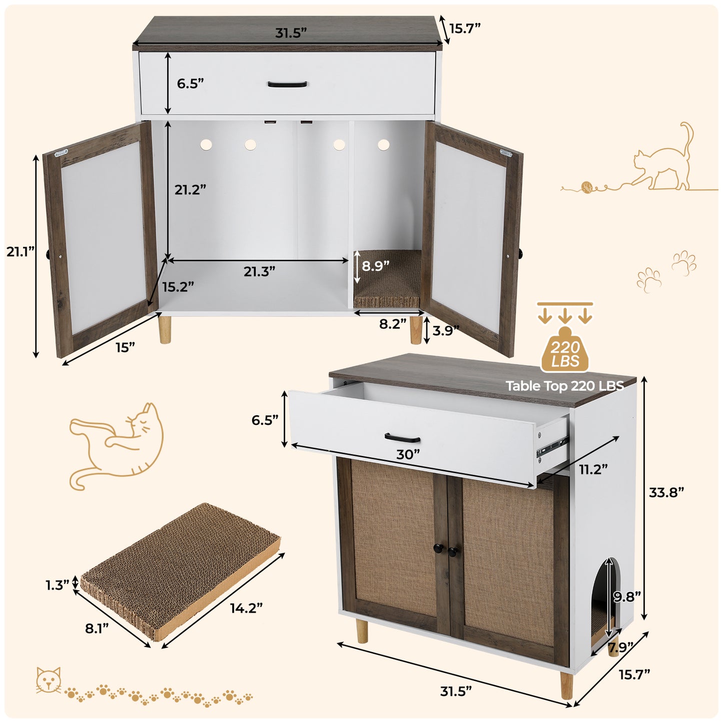 LAZY BUDDY Cat Litter Box Enclosure, Wooden Hidden Litter Box Furniture with Large Drawer and 2 Sisal Doors