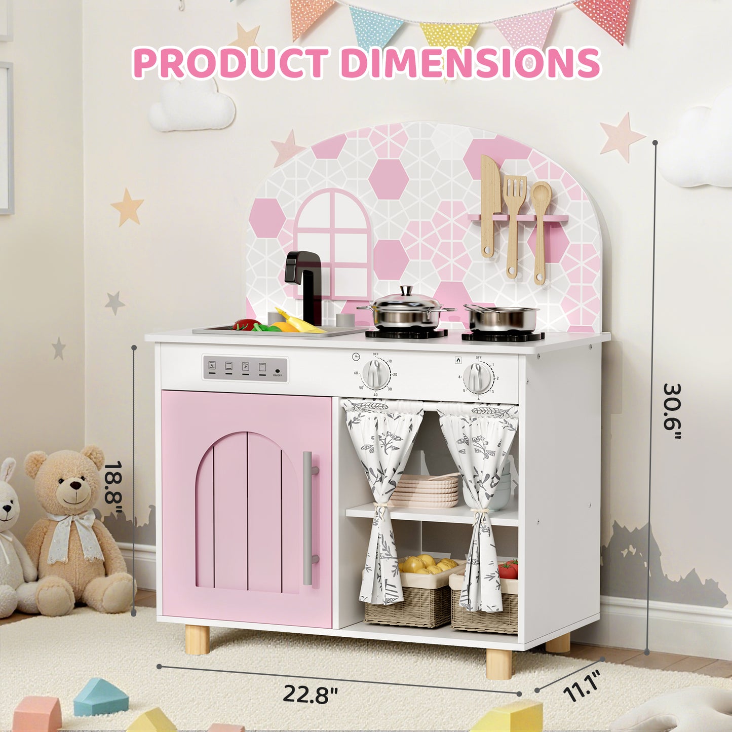 LAZY BUDDY Kids Kitchen Playset, Wooden Pretend Play Kitchen Toddler Interactive Toy with 5 Accessories