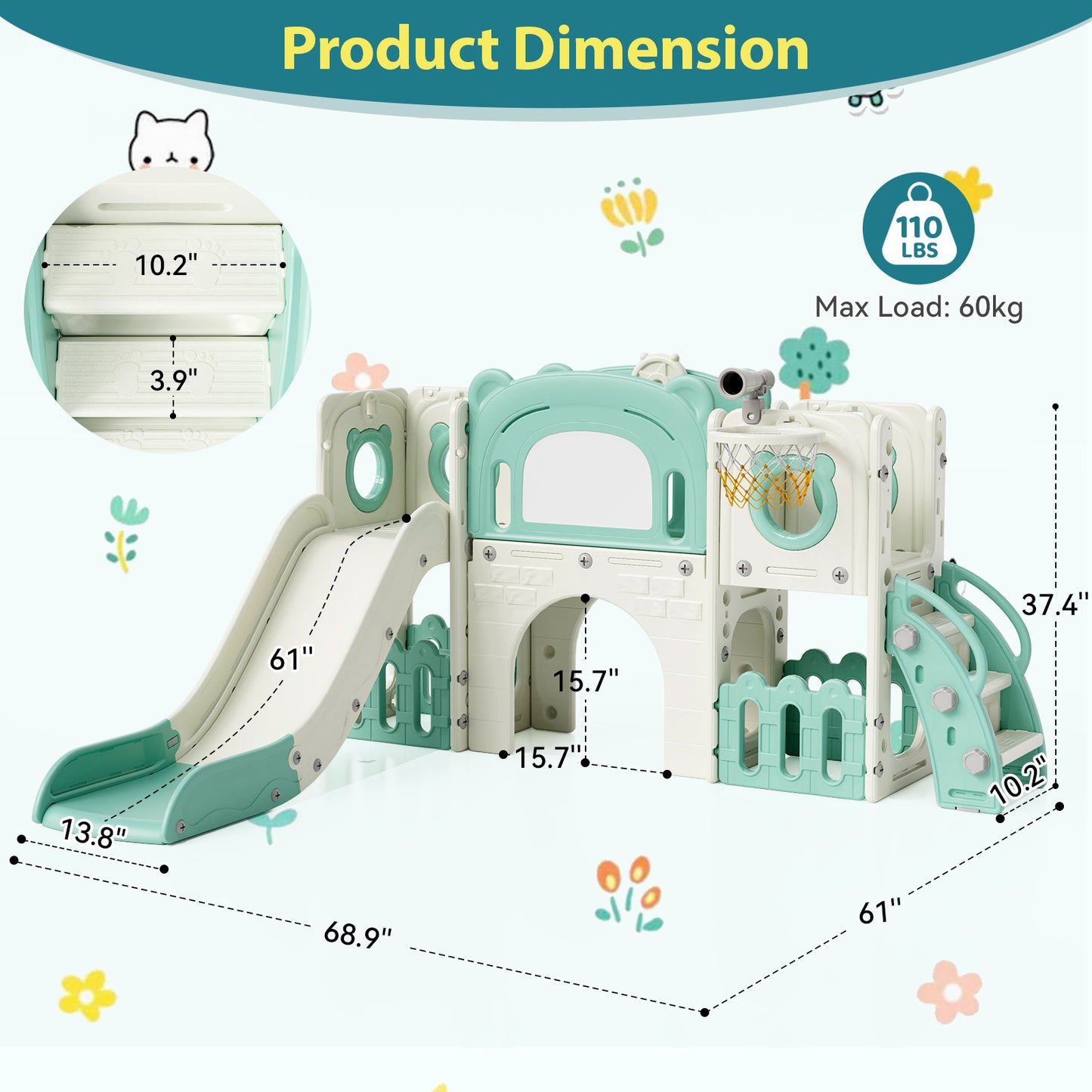 LAZY BUDDY 10 in 1 Toddler Slide, Freestanding Kids Slide and Climber Playset Indoor Outdoor Slide with Basketball Hoop, Telescope and Storage Space