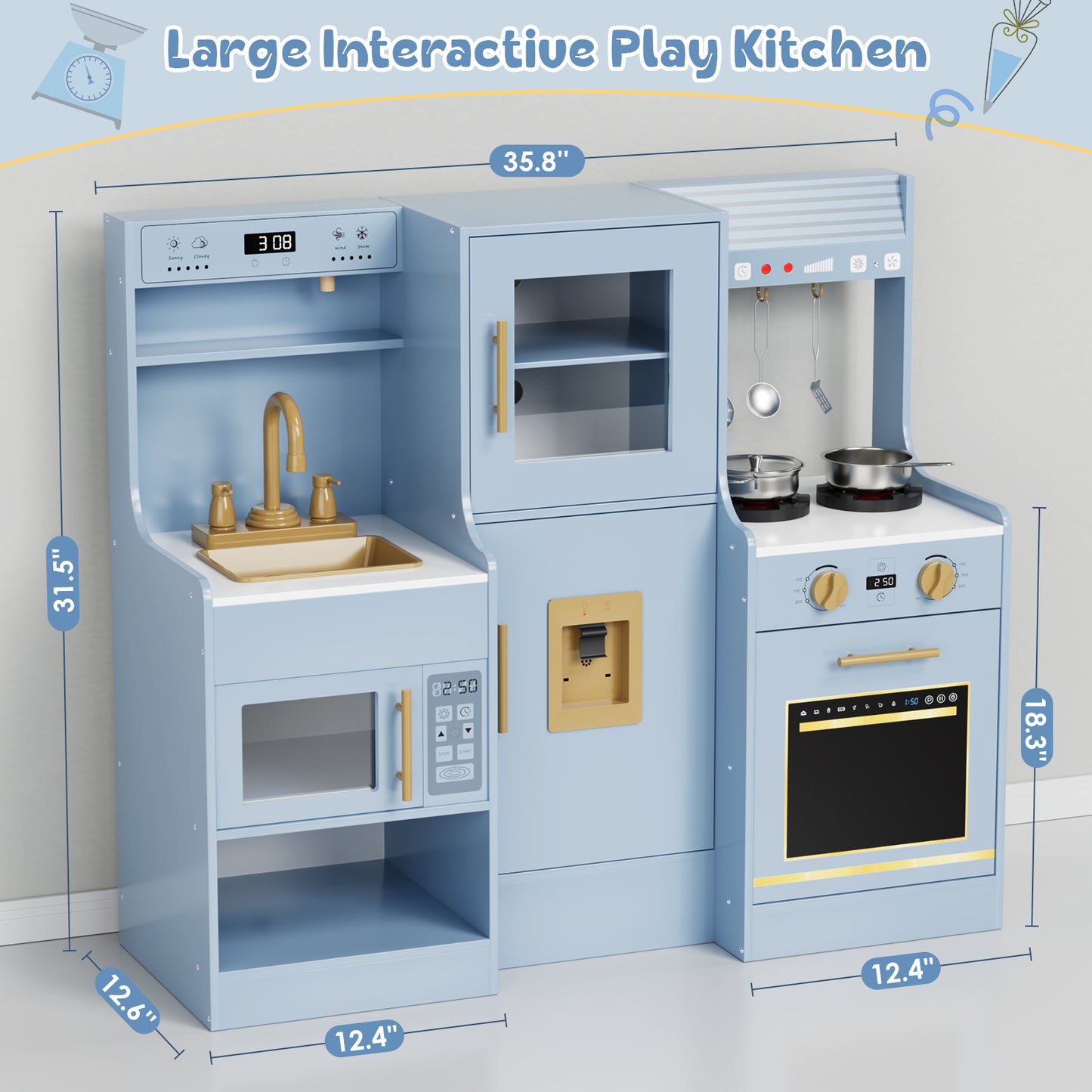LAZY BUDDY Kids Kitchen Playset, Interactive Toy with Lights and Sounds, Toddlers Wooden Kitchen Playset with 5 Accessories