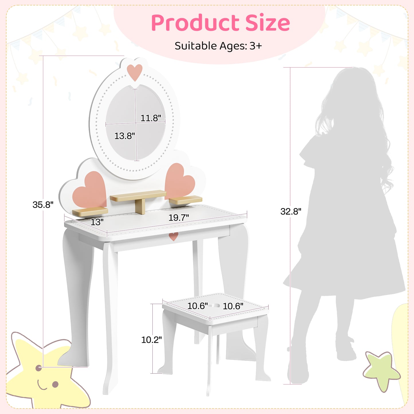 LAZY BUDDY Kids Vanity Set, Wooden Vanity Table and Chair with Mirror, Including 8pcs Pretend Play Makeup Accessories, Princess Dressing Makeup Table for Girls 3+