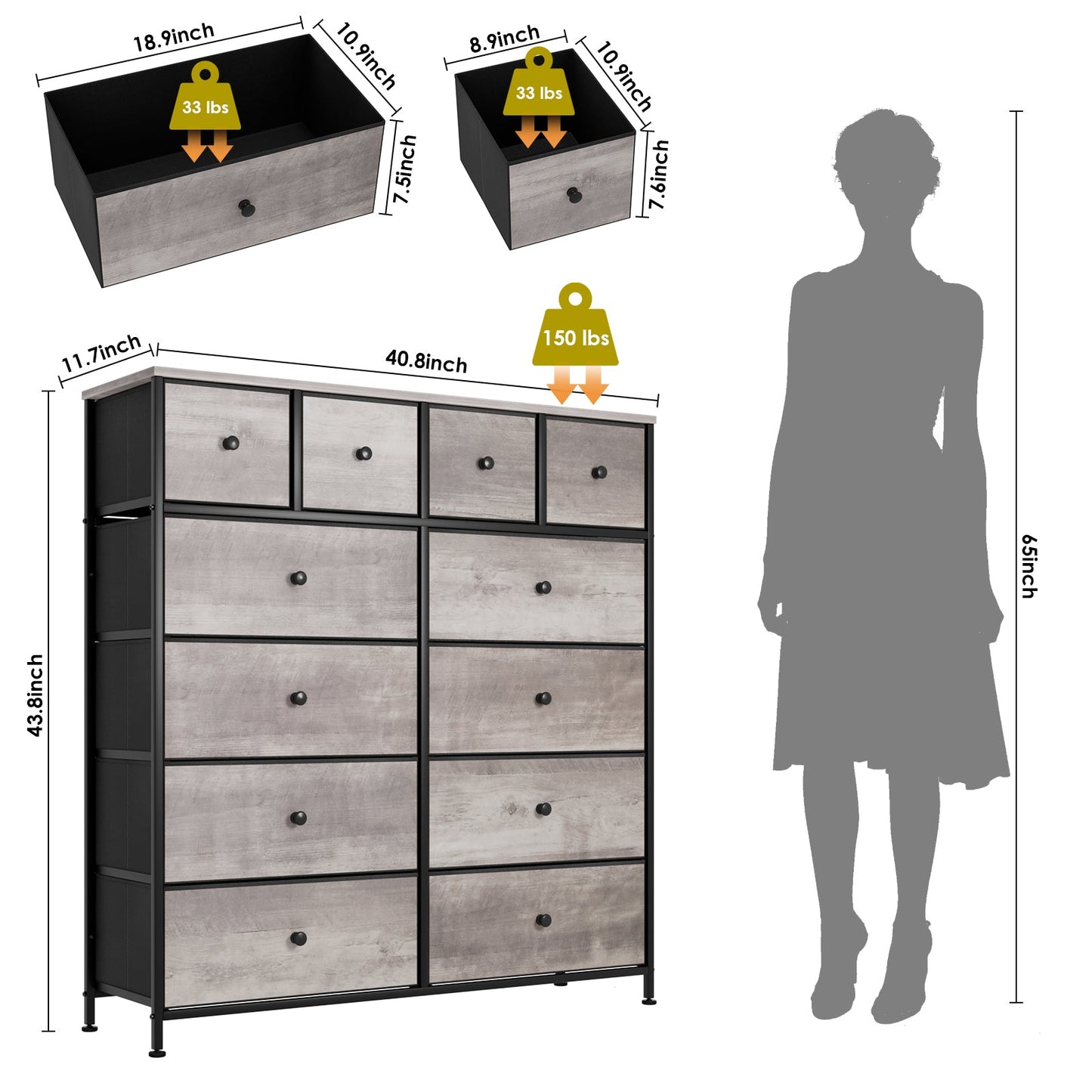 LAZY BUDDY Tall Dresser for Bedroom with 12 Drawers, Chest of Drawers Fabric Storage Tower, Organizer Unit for Living Room, Hallway, Closet, Gray