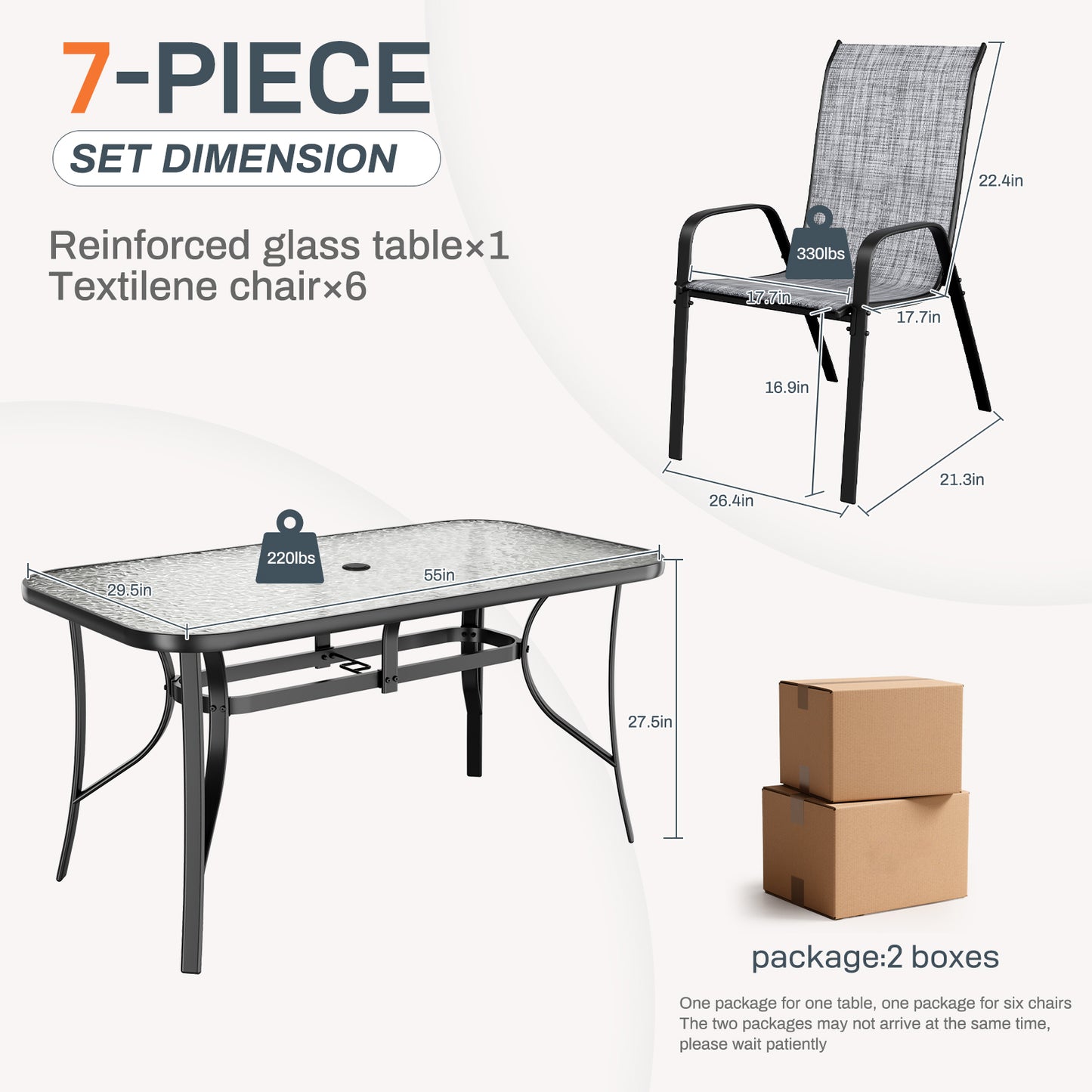 LAZY BUDDY Patio Dining Set of 7 with Umbrella Hole, Outdoor Furniture Table and 6 Textilene Chairs for Lawn, Backyard, Deck, 330LBS