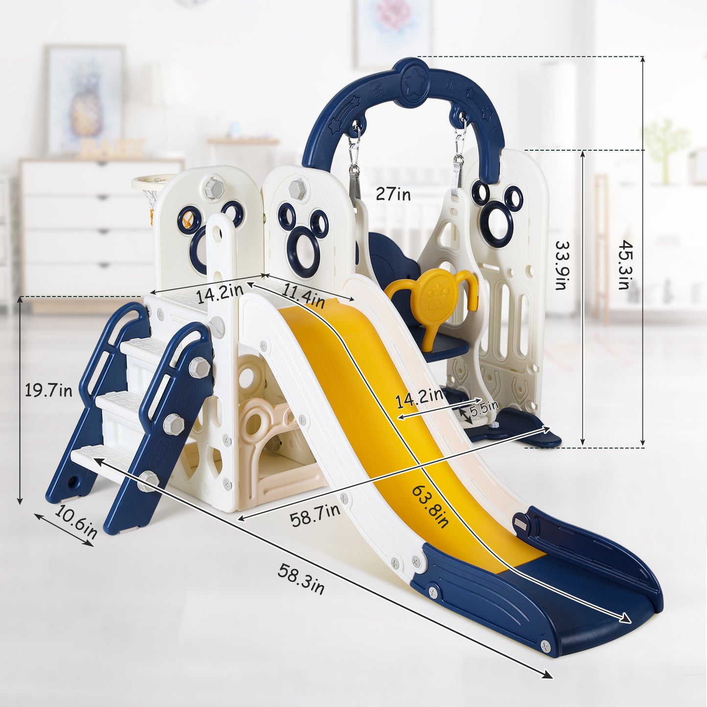 LAZY BUDDY Kids Slide and Swing Set, 5 in 1 Slide Climber for Toddler, with Ball & Hoop, Storage Space, Suction Cup Reinforced Base, Indoor Outdoor Playground