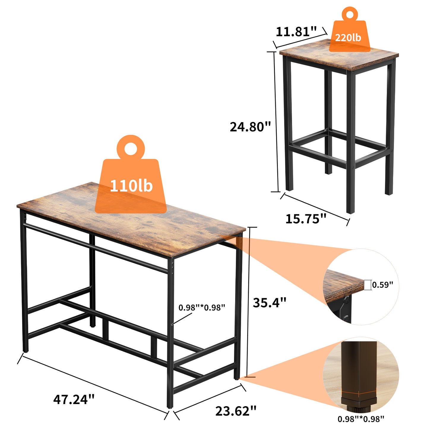 LAZY BUDDY 5-Piece Bar Table Set, Compact Counter Height Kitchen Dining Table with 4 Stools for Apartment, Small Spaces