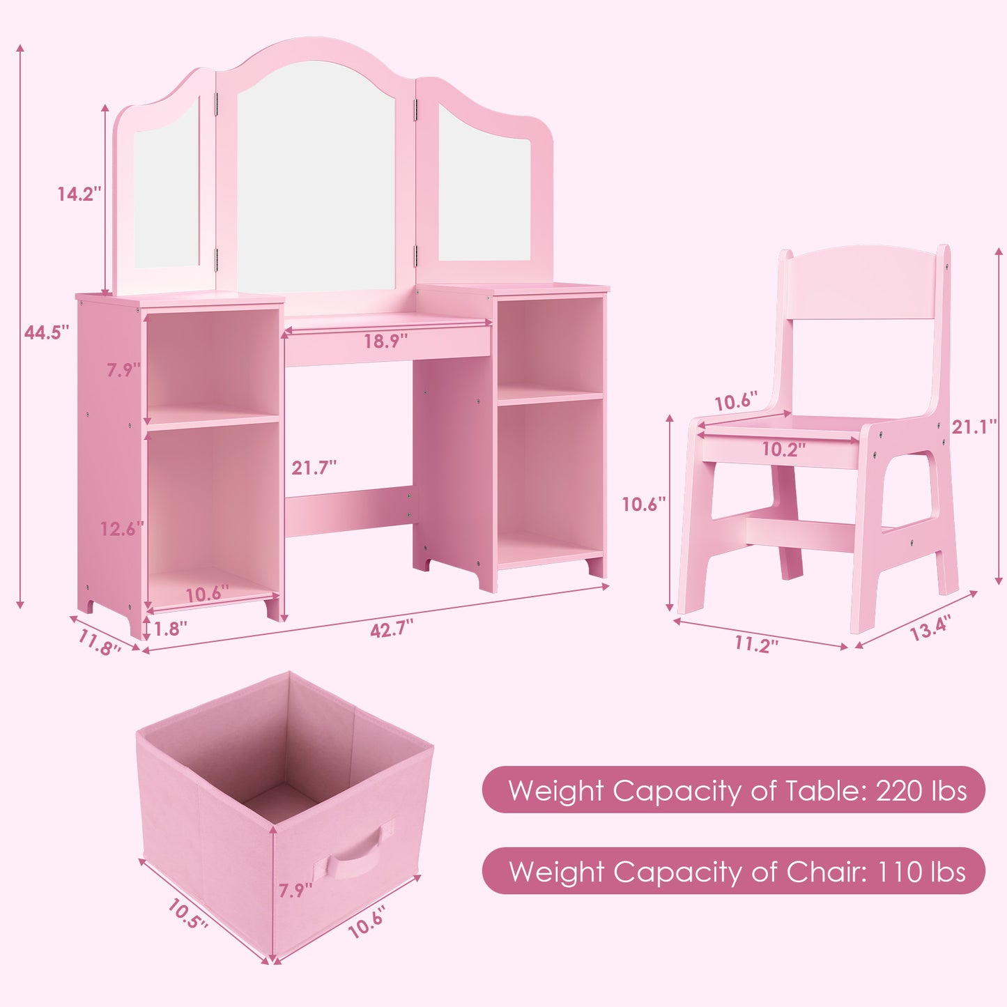 LAZY BUDDY Kids Vanity, 2 in 1 Princess Makeup Desk and Chair Set with Canvas Drawers Tri-Folding Detachable Mirror Large Storage Shelves, Wooden Dressing Table, Pretend Play Vanity Set