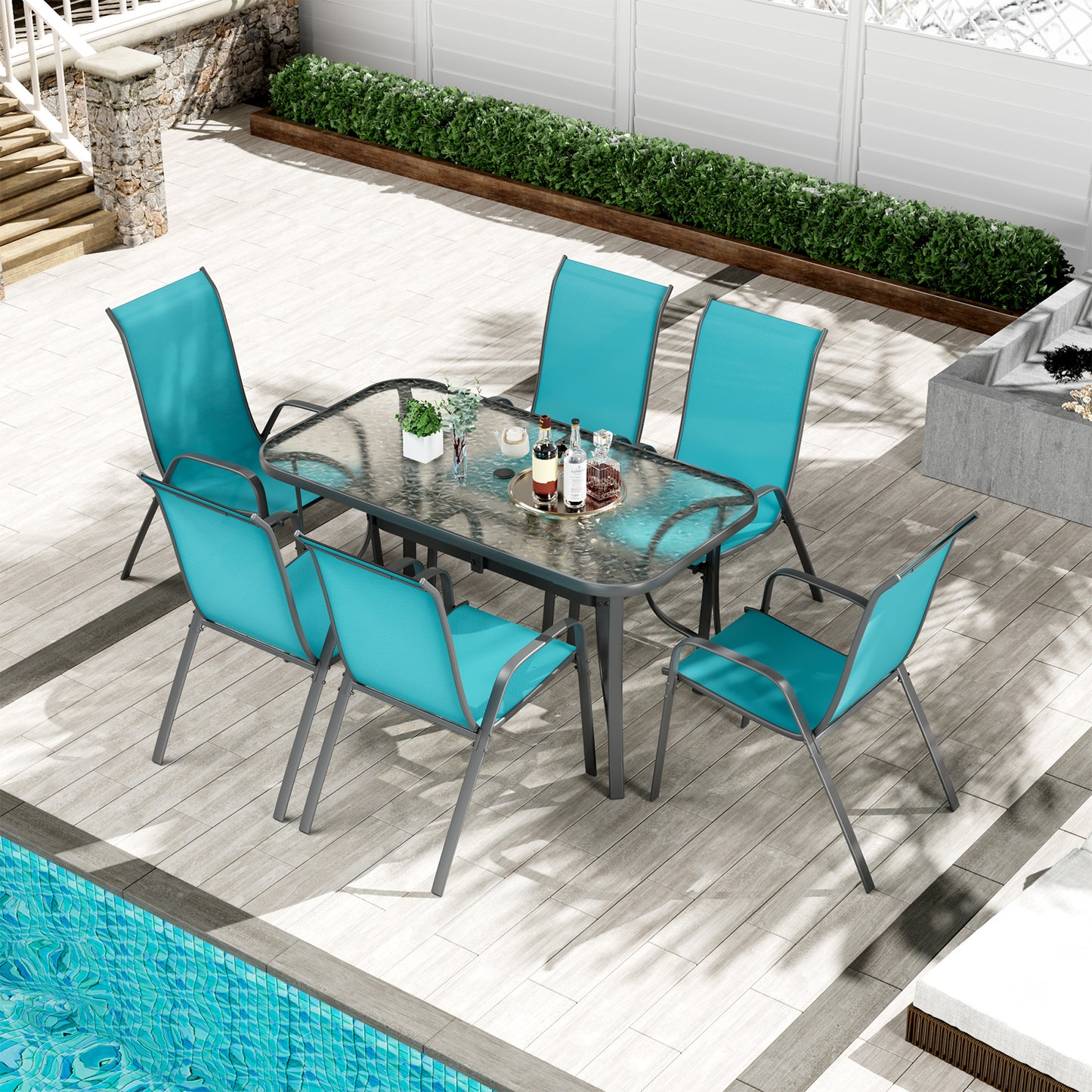 LAZY BUDDY Patio Dining Set of 7 with Umbrella Hole, Outdoor Furniture Table and 6 Textilene Chairs for Lawn, Backyard, Deck, 330LBS