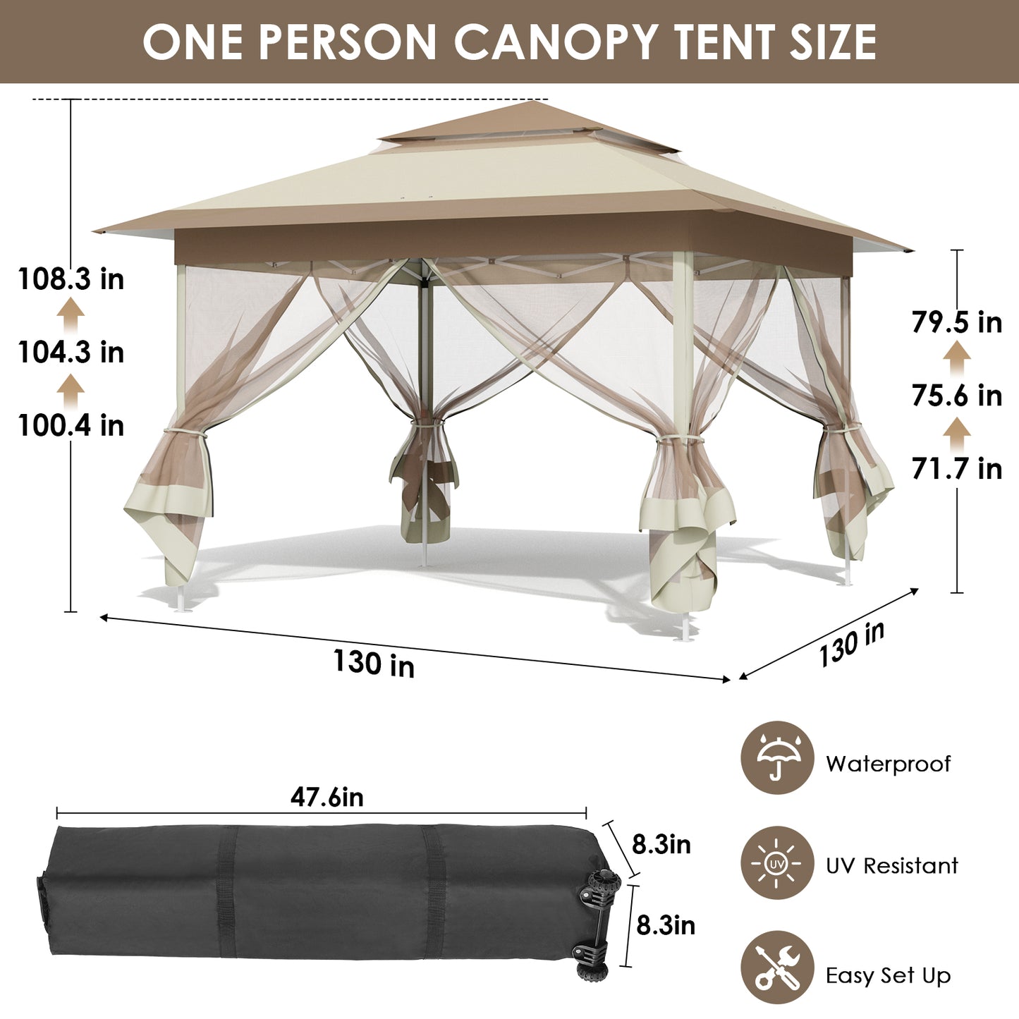 LAZY BUDDY 11' x 11' Pop up Canopy Tent, Outdoor Screen Tent with 4 Mosquito Netting, Straight Leg Folding Instant Shelter, Beige