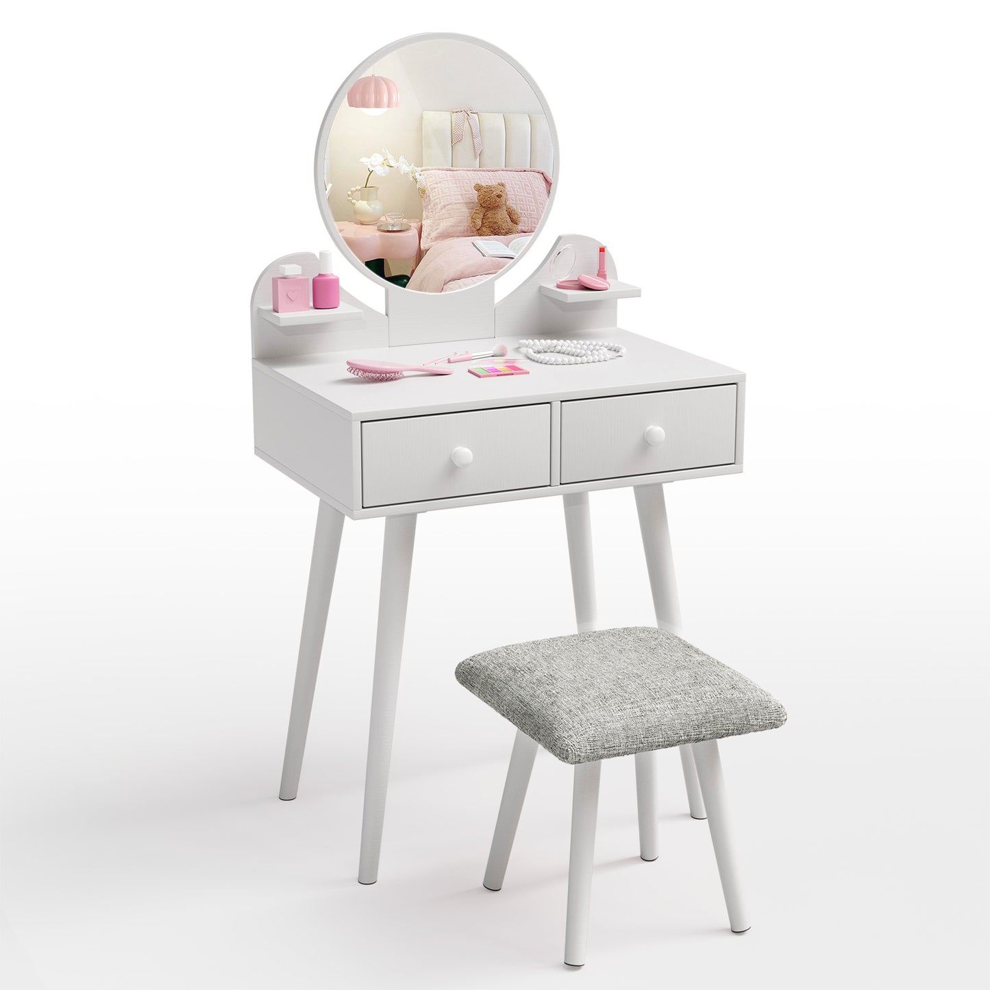 LAZY BUDDY Wooden Kids Vanity Set with Stool and Mirror, Girls Princess Makeup Desk Dressing Table with Drawers for Toddlers 3+