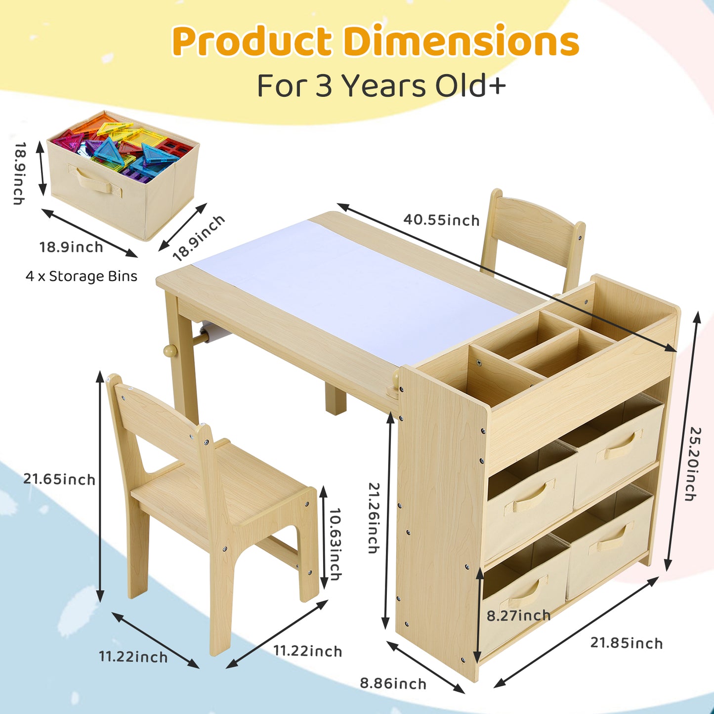 LAZY BUDDY Kids Table and 2 Chairs Set Wood with 4 Storage Shelves and Paper Roll Kids Activity and Study Table Furniture