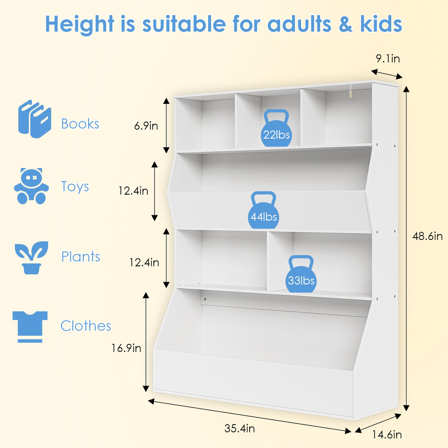 LAZY BUDDY Toy Storage Organizer, Kids Bookshelf, Wood Toy Storage Cabinet, 7 Cubby Children Bookcase, Toddler Book Toy Shelf, 35.4" x14.6" x 48.6"