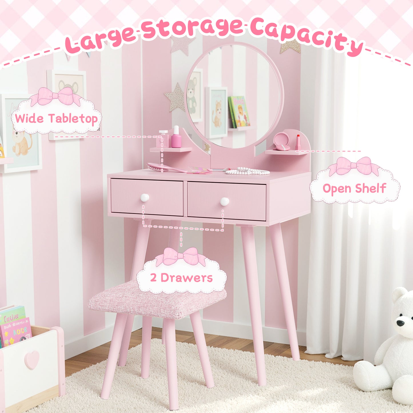 LAZY BUDDY Wooden Kids Vanity Set with Stool and Mirror, Girls Princess Makeup Desk Dressing Table with Drawers for Toddlers 3+