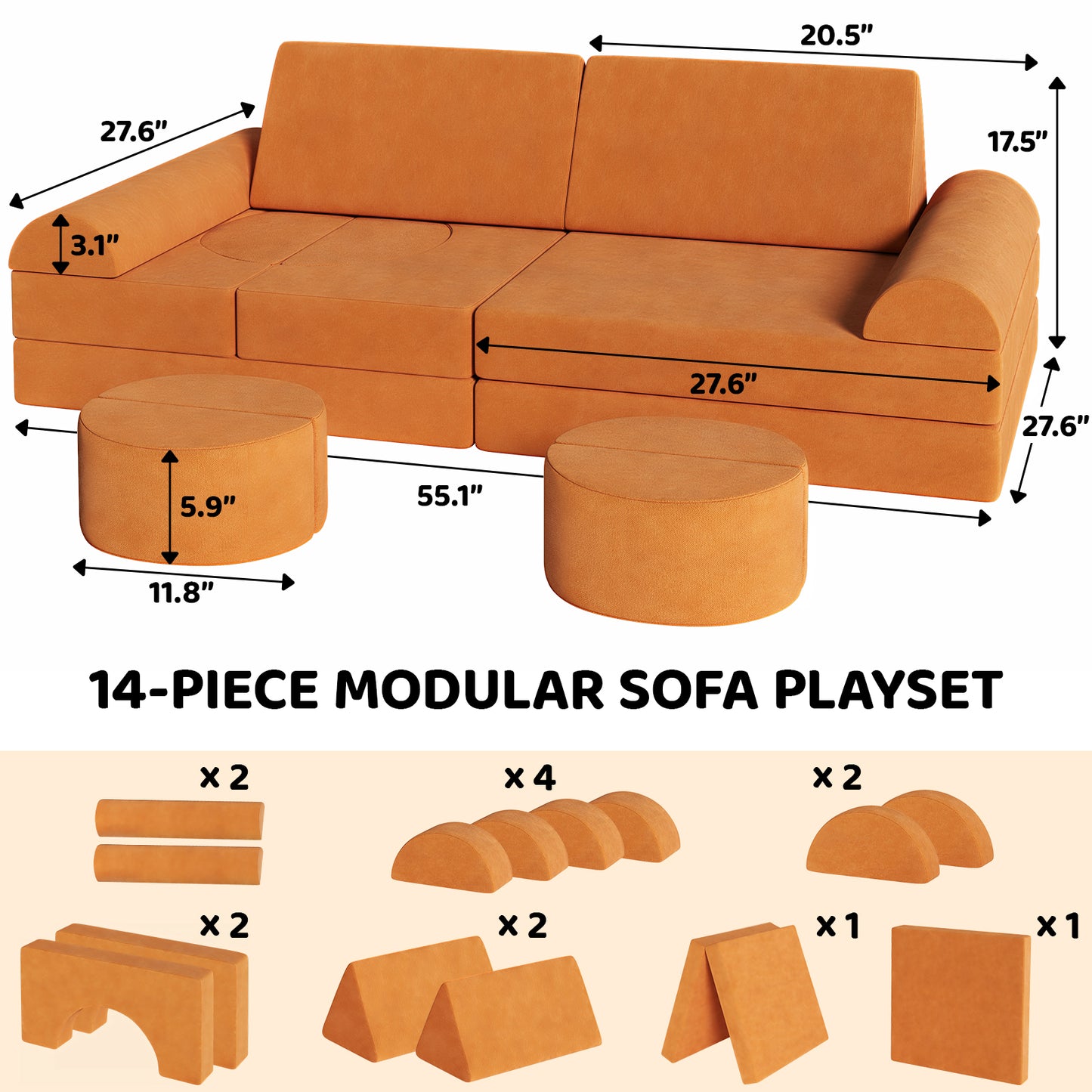 LAZY BUDDY 14 Pcs Modular Couch Toddler Play Sectional Sofa, Kids Convertible Foam and Floor Cushion for Boys and Girls