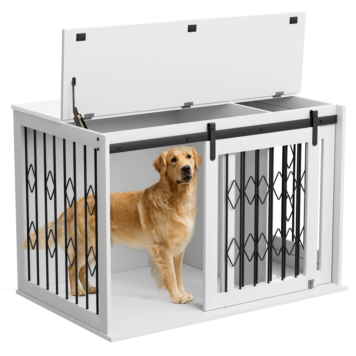 LAZY BUDDY 39.4" Dog Crate Furniture, Wooden Dog Kennel w/Sliding Door, Detachable Divider, and Flip-up Top