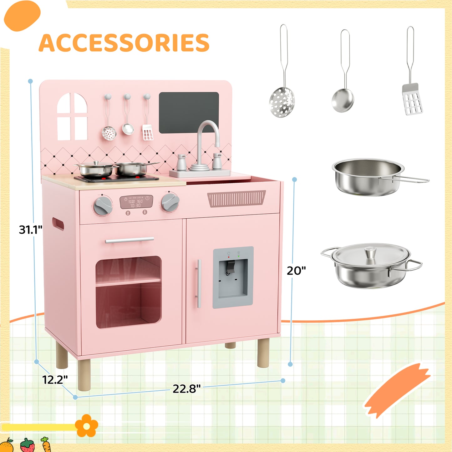 LAZY BUDDY Pretend Play Wooden Kids Kitchen Set, Toddler Toy Kitchen Playset with Graffiti Blackboard, Oven, Sink & Clicking Knobs