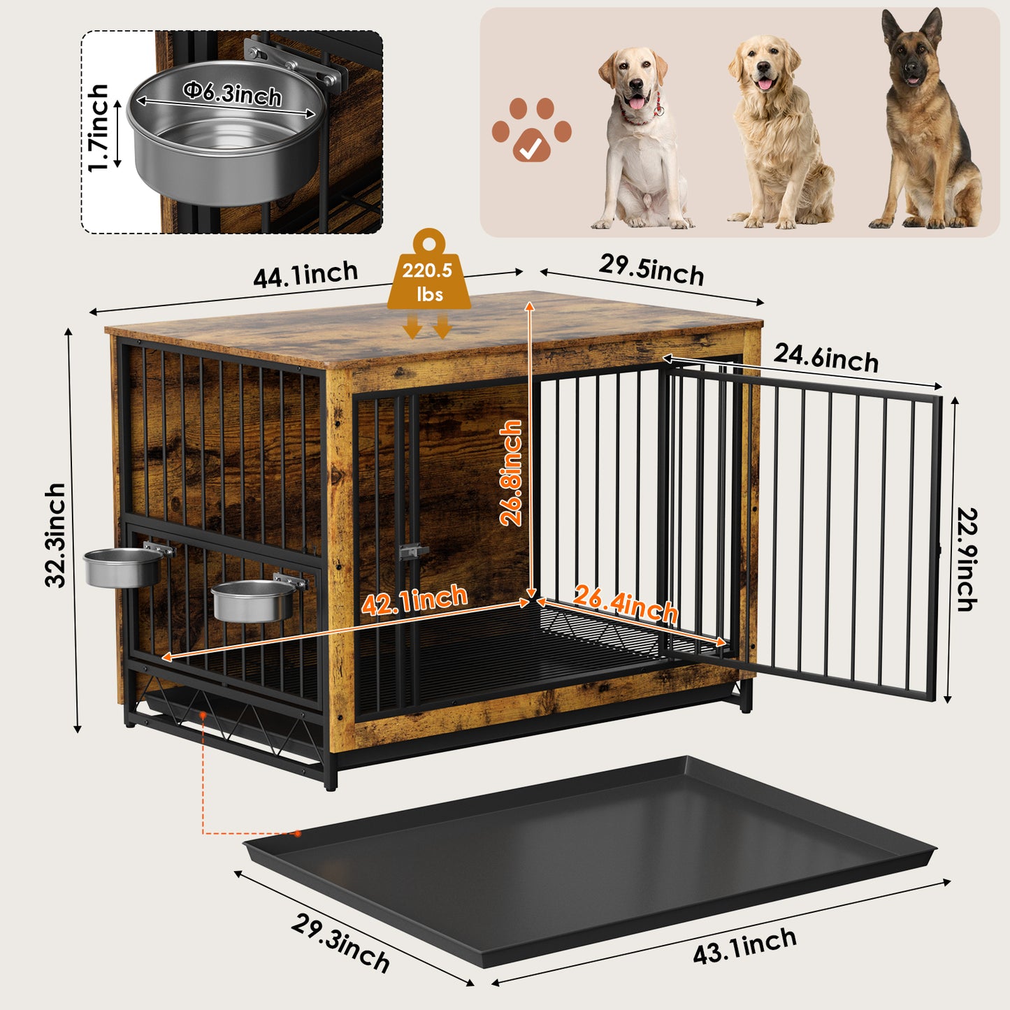 LAZY BUDDY Dog Crate Furniture with Bowls, Wooden Dog Crate End Table with Tray, Brown