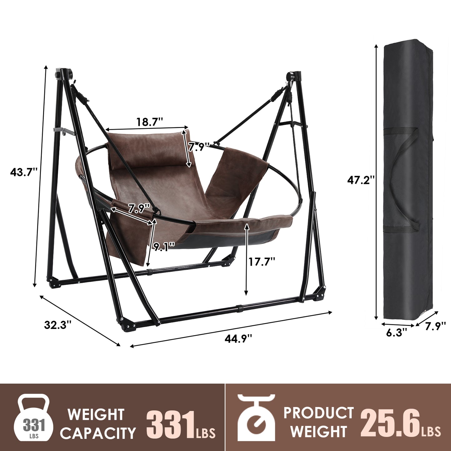 LAZY BUDDY 3 in 1 Collapsible PU Leather Swing Chair with 6-level Adjustable Hammock Stand, Steel Stand, Garden Yard Inhouse Outdoor 331lbs Capacity