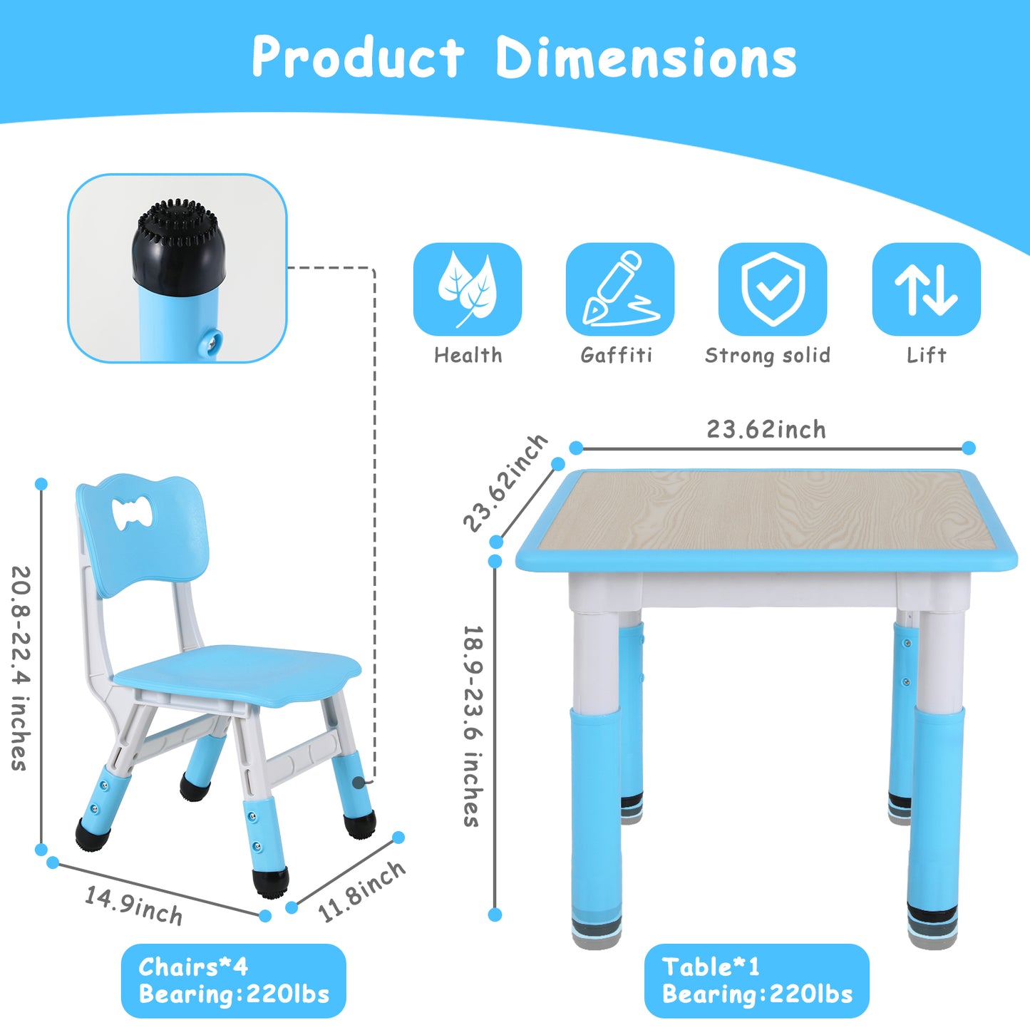 LAZY BUDDY Kids Table and 4 Chairs Set, Height Adjustable Toddler Table and Chair Set for Ages 2-10, Arts & Crafts Table for Classrooms/Daycares/Homes