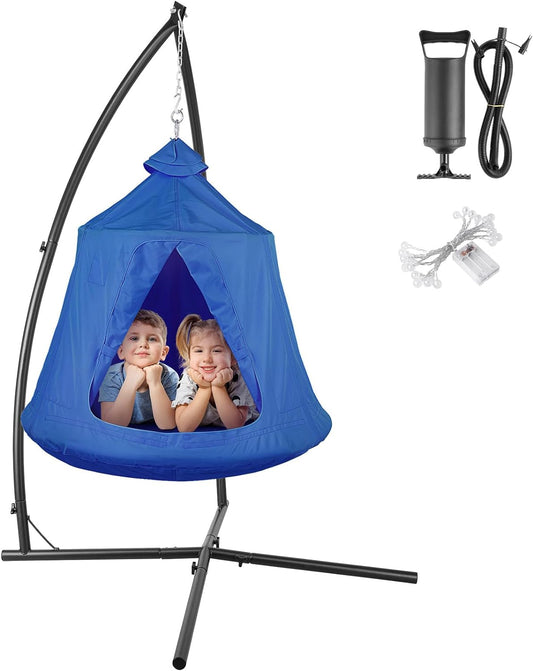 LAZY BUDDY Hanging Tree Tent with Metal Stand, Hanging Hammock X-Stand w/ Swing Tent, Steel Frame, LED Lights, Max 330lb(Blue)