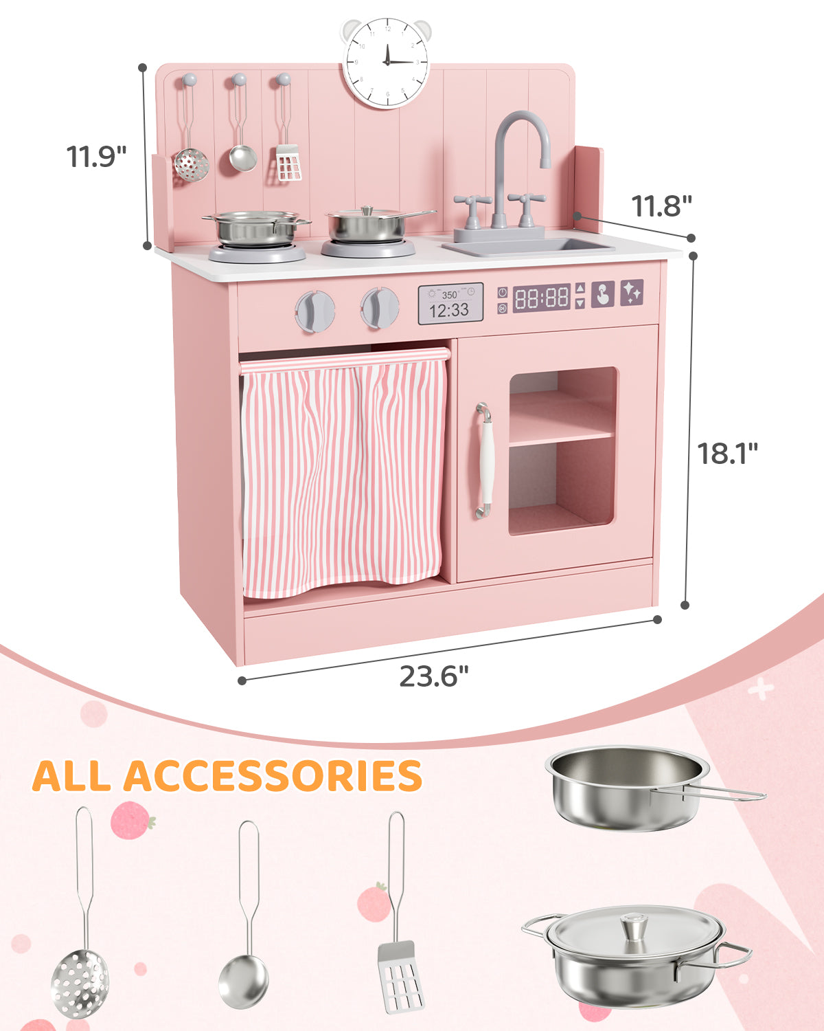 LAZY BUDDY Kids Play Kitchen, Wooden Kitchen Playset for Toddlers Interactive Pretend Play Toy with Clicking Knobs, Sink & Clock