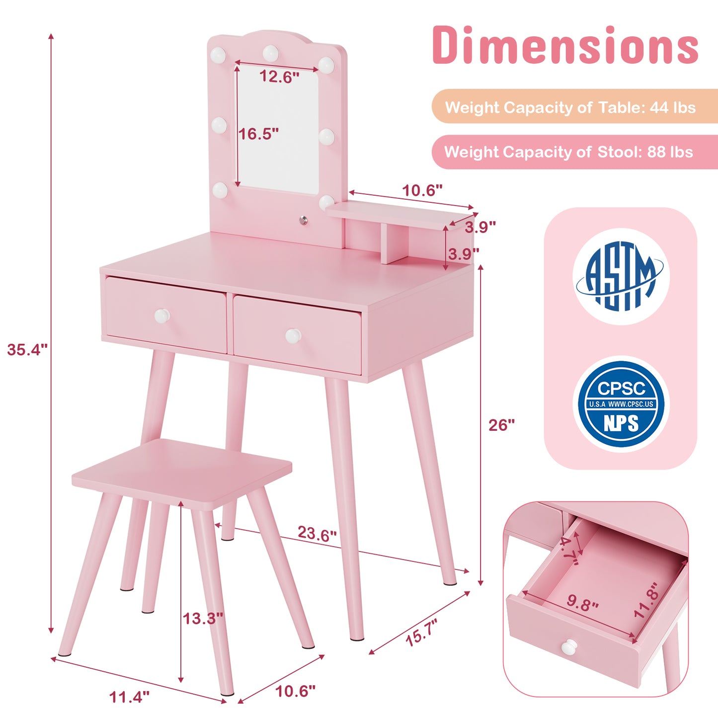 LAZY BUDDY Kids Vanity Set with Lights, Toddler Vanity Table with Mirror and Stool, Wooden Makeup Dressing Table for Children 3+