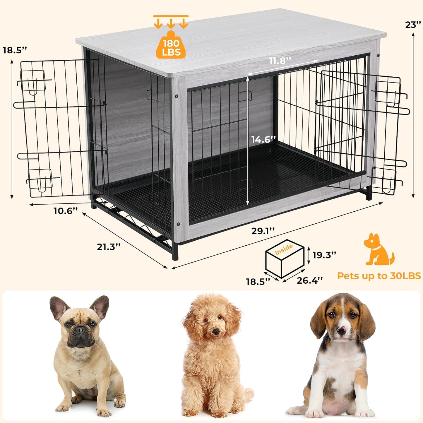 LAZY BUDDY Dog Crate Furniture for Small / Medium Dogs, Indoor Dog Kennel Side End Table Wooden Dog Cage with Removable Tray