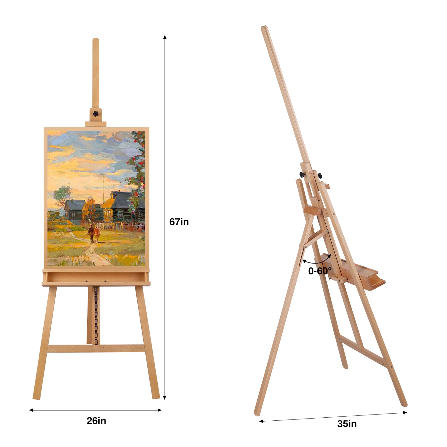 LAZY BUDDY 63"-89" Art Easel Stand, Beechwood Tripod with Brush Holder, Adjustable Height Holds Highest to 48" Canvas for Artists, Beginners, Students