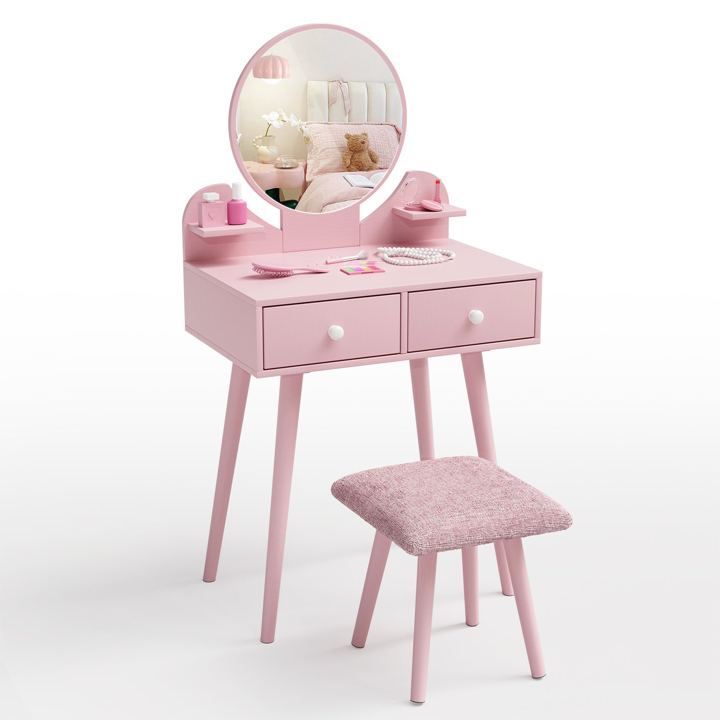 LAZY BUDDY Wooden Kids Vanity Set with Stool and Mirror, Girls Princess Makeup Desk Dressing Table with Drawers for Toddlers 3+