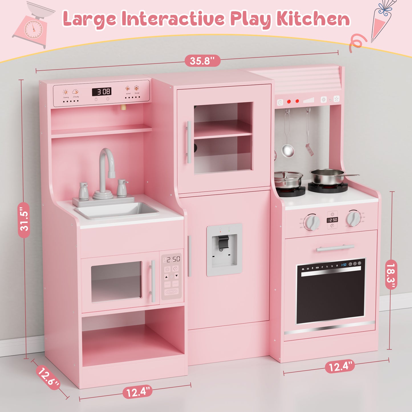 LAZY BUDDY Kids Kitchen Playset, Interactive Toy with Lights and Sounds, Toddlers Wooden Kitchen Playset with 5 Accessories