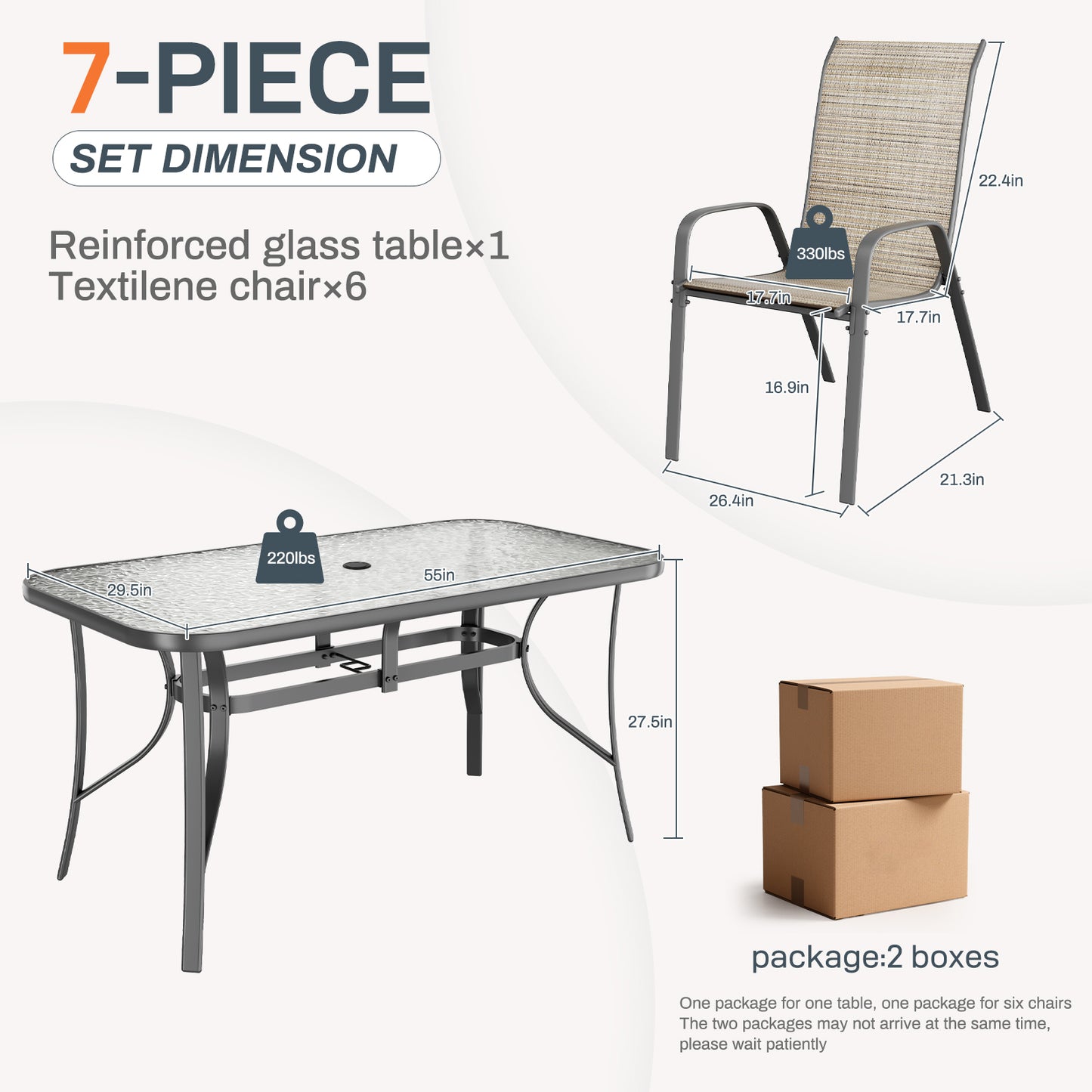 LAZY BUDDY Patio Dining Set of 7 with Umbrella Hole, Outdoor Furniture Table and 6 Textilene Chairs for Lawn, Backyard, Deck, 330LBS