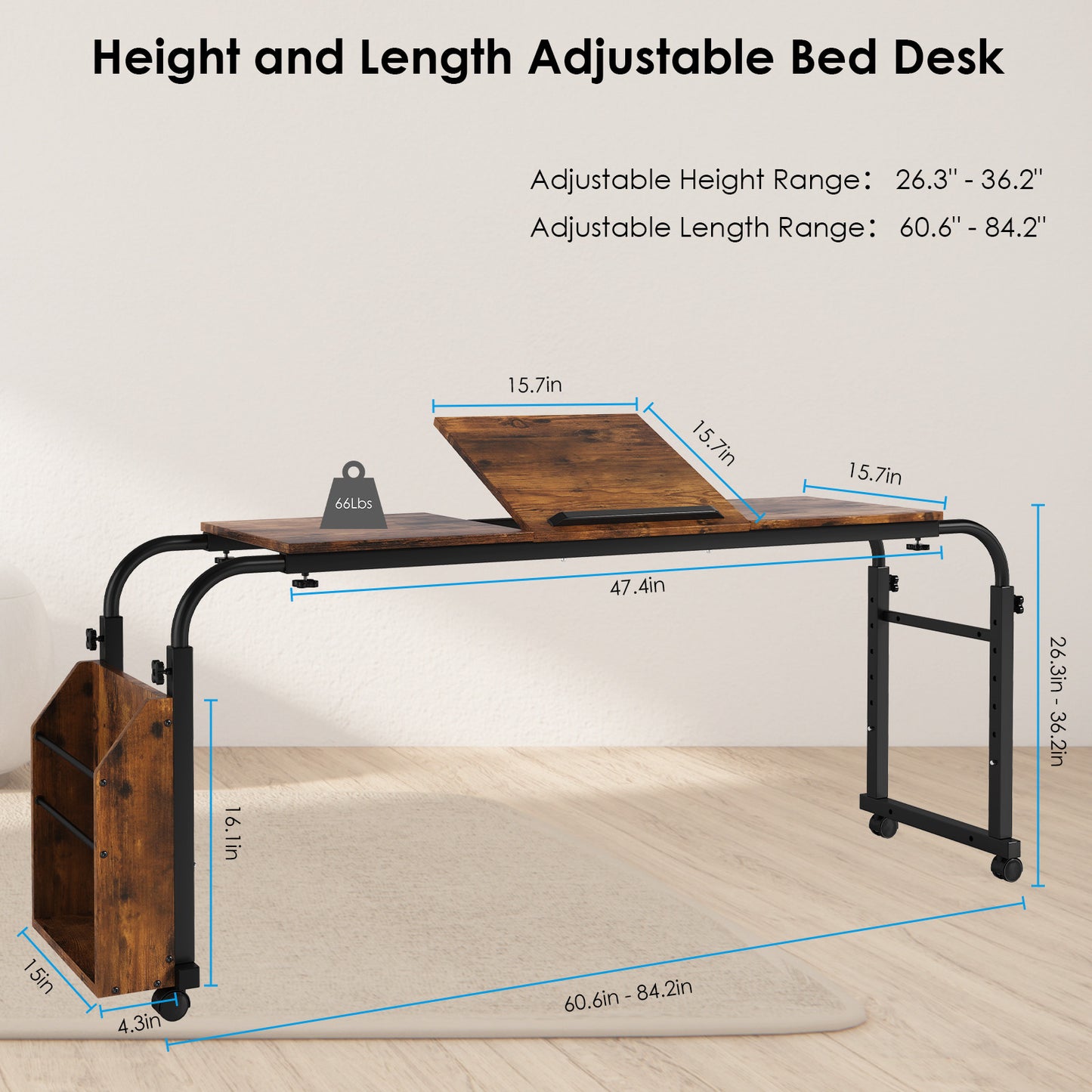 LAZY BUDDY Overbed Table with Wheels, Home Office Desk W/0-65°Tilt Stand for Laptop, Height/Width Adjustable Rolling Bed Desk (Height: 26.3" - 36.2" /Width: 60.6" - 84.2")