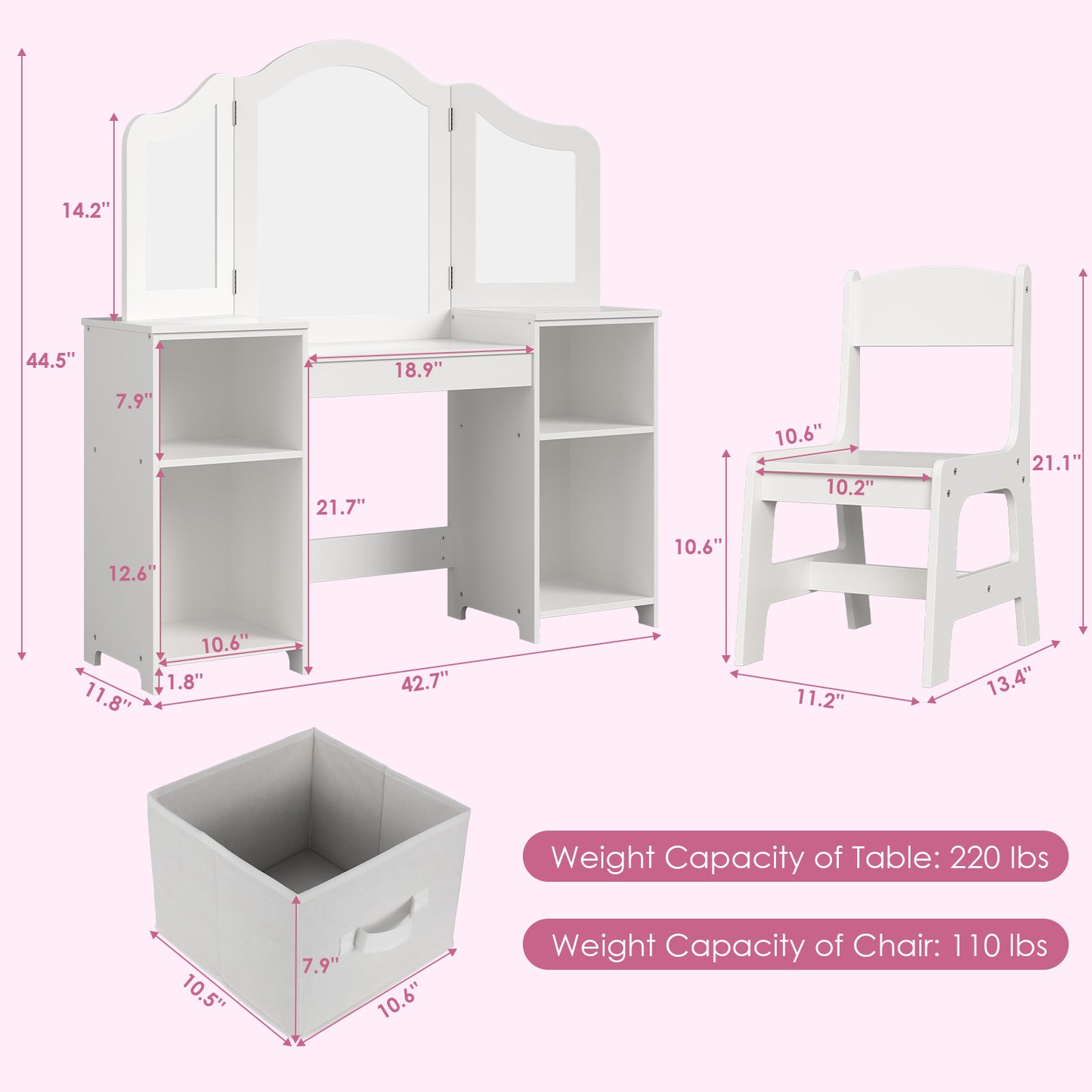 LAZY BUDDY Kids Vanity, 2 in 1 Princess Makeup Desk and Chair Set with Canvas Drawers Tri-Folding Detachable Mirror Large Storage Shelves, Wooden Dressing Table, Pretend Play Vanity Set