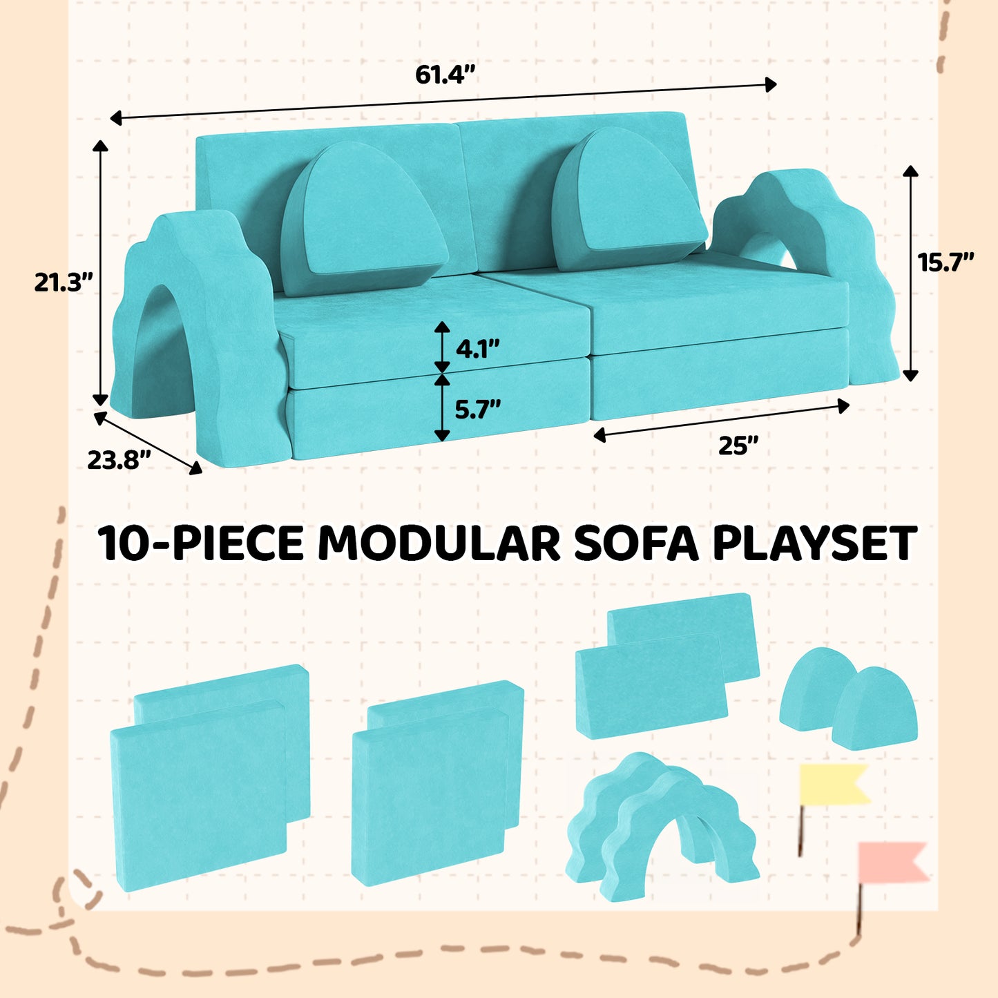 LAZY BUDDY 10PCS Modular Kids Play Couch Set, Child Sectional Sofa, Large Toddler Sofas for 0-3 Years Convertible Foam Cushion Couch for Playroom