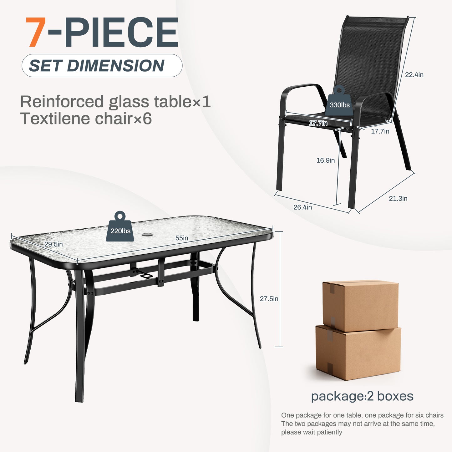 LAZY BUDDY Patio Dining Set of 7 with Umbrella Hole, Outdoor Furniture Table and 6 Textilene Chairs for Lawn, Backyard, Deck, 330LBS
