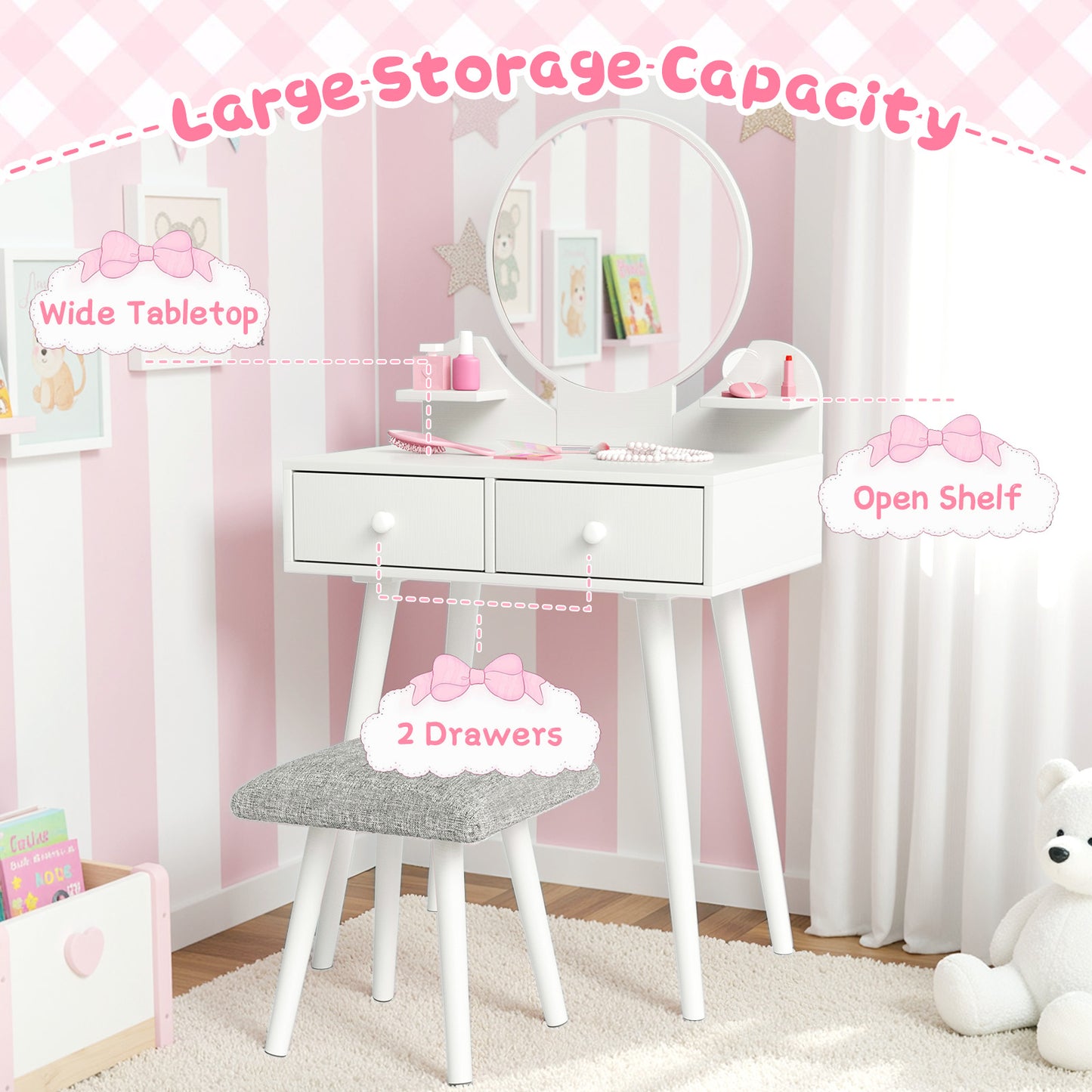 LAZY BUDDY Wooden Kids Vanity Set with Stool and Mirror, Girls Princess Makeup Desk Dressing Table with Drawers for Toddlers 3+