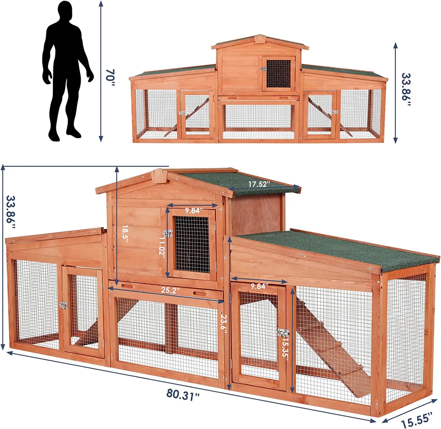 LAZY BUDDY 82.7'' Large Rabbit Hutch, Wooden Rabbit Cage Outdoor Backyard Bunny Cage with Ramps, Waterproof Roof