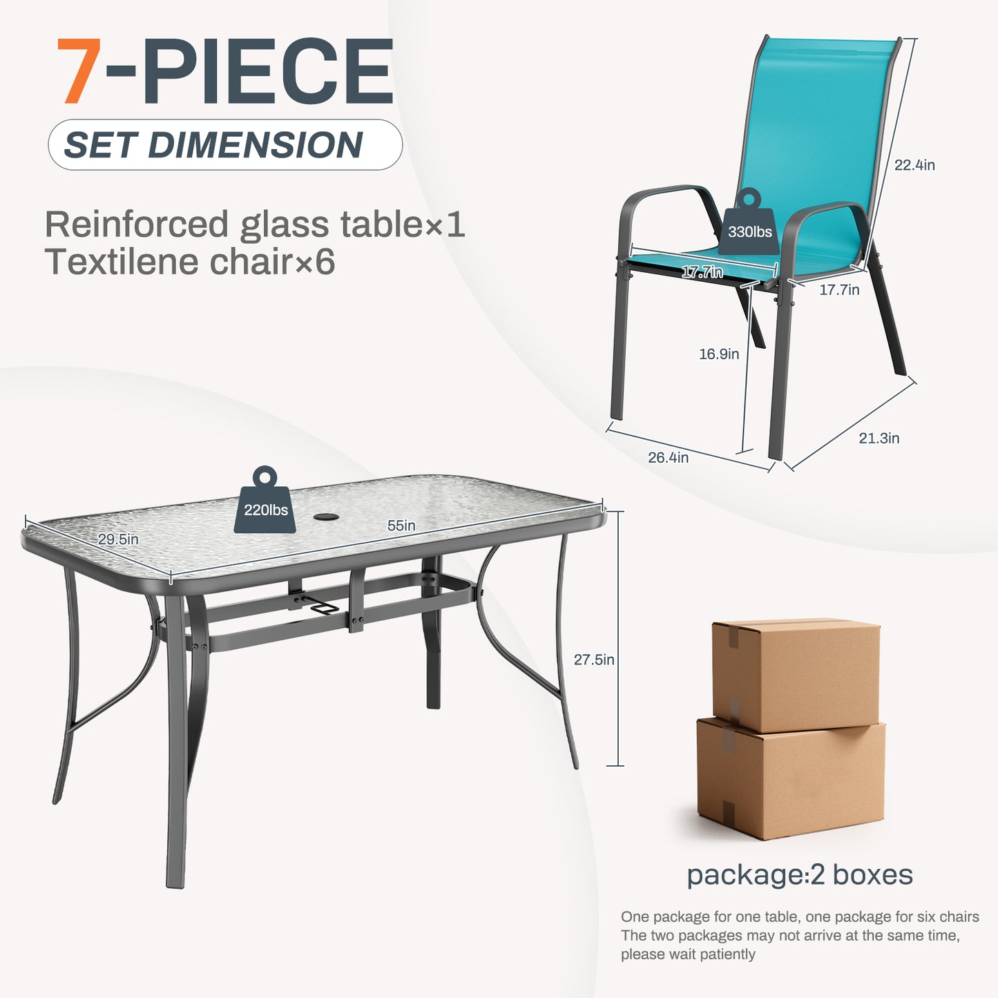 LAZY BUDDY Patio Dining Set of 7 with Umbrella Hole, Outdoor Furniture Table and 6 Textilene Chairs for Lawn, Backyard, Deck, 330LBS