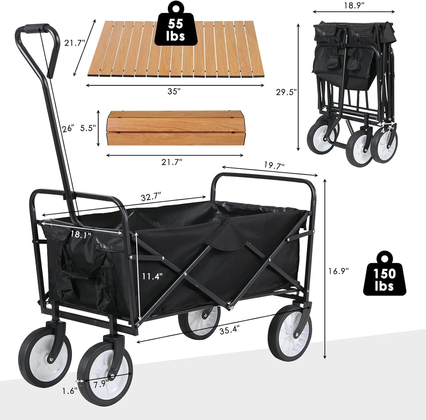 LAZY BUDDY Collapsible Folding Wagon, Utility Garden Cart with Metal Desktop, 150 LBS for Camping, Beach, Garden, Grocery