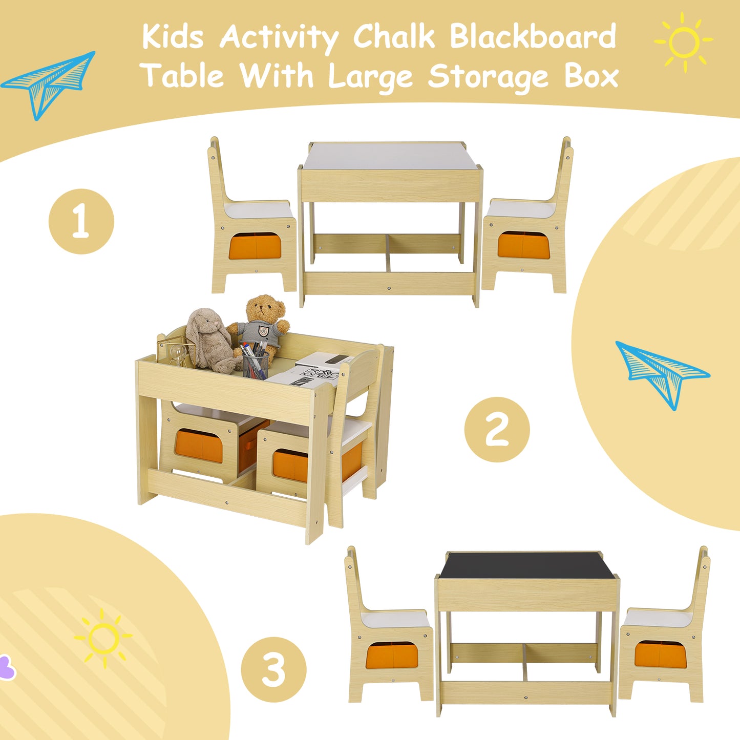 LAZY BUDDY Kids Table and 2 Chairs Set, 3-in-1 Toddler Wood Activity Play Table with Detachable Storage Drawer, for Children 2-8 Years