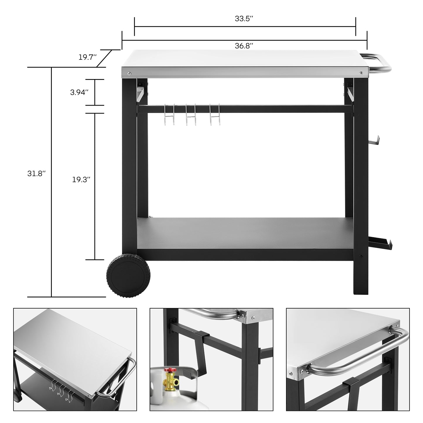 LAZY BUDDY Movable Dining Cart, Outdoor BBQ Food Preparation Table Kitchen Worktable with 2 Wheels & 4 Hooks, 110lbs