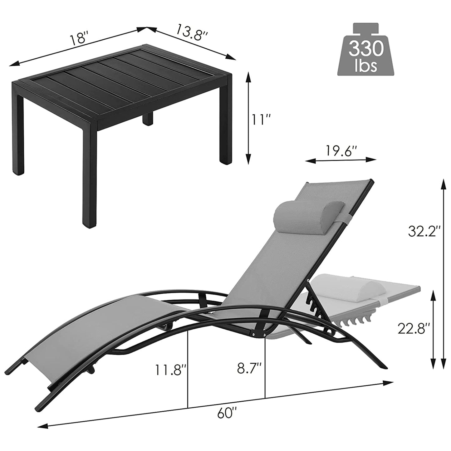 GARTIO 3 Pieces Aluminum Chaise Lounge Chair Set for Outdoor Patio, Yard, Beach, Pool Adjustable Recliner with Side Table