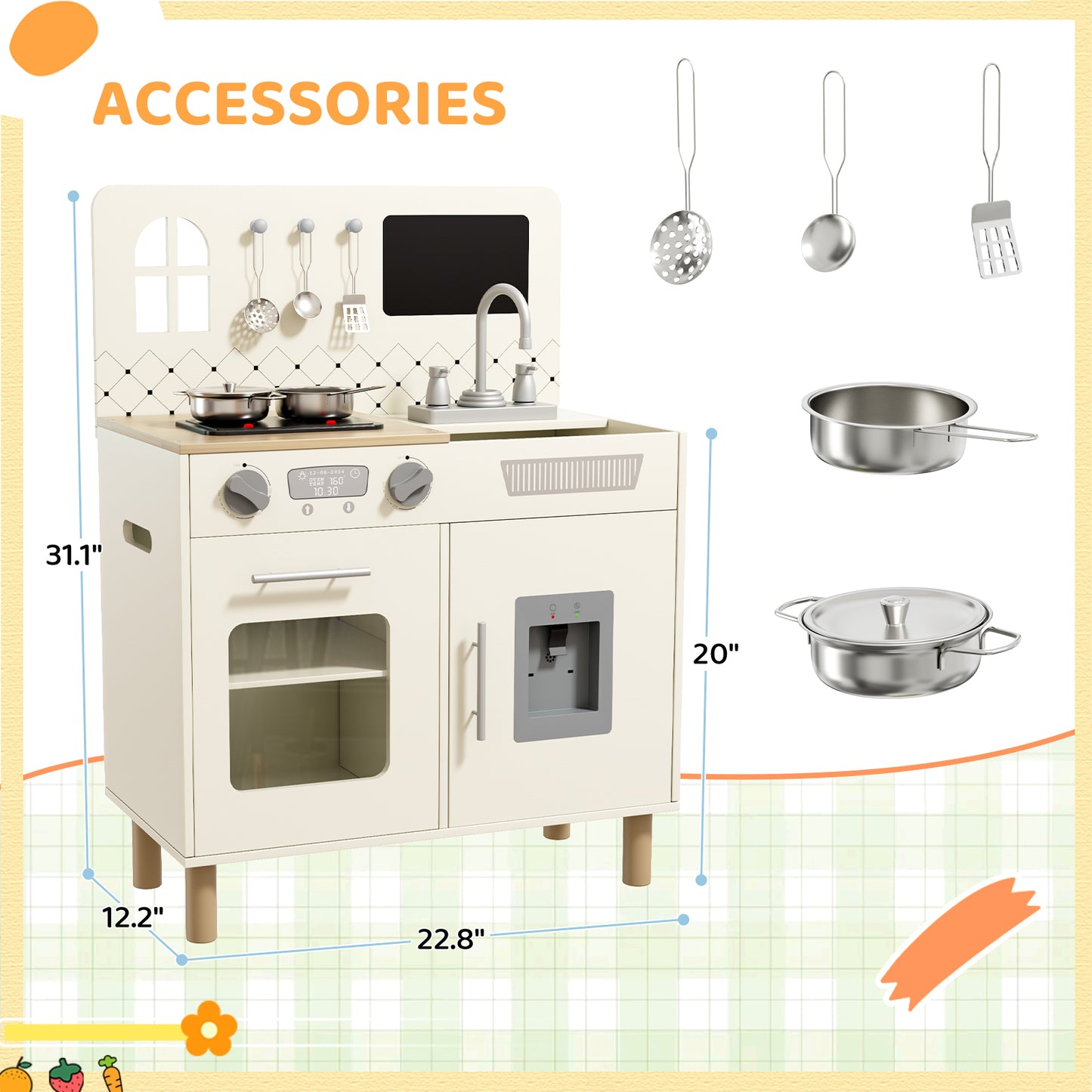 LAZY BUDDY Pretend Play Wooden Kids Kitchen Set, Toddler Toy Kitchen Playset with Graffiti Blackboard, Oven, Sink & Clicking Knobs