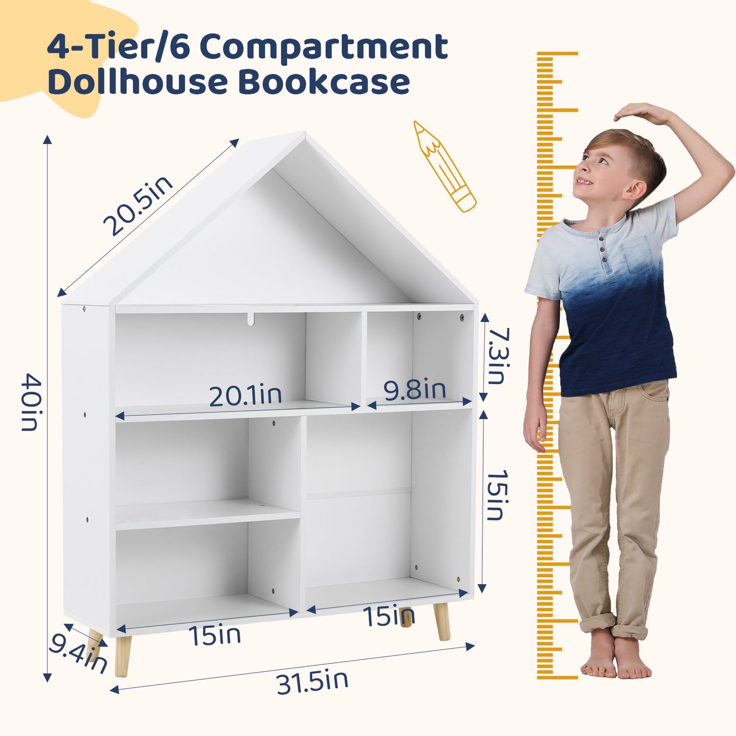 LAZY BUDDY Kid's Bookcase, 4-Tier Wooden Children's Dollhouse Bookshelf with 6 Compartments and Legs for Playing Room, Nursery - White