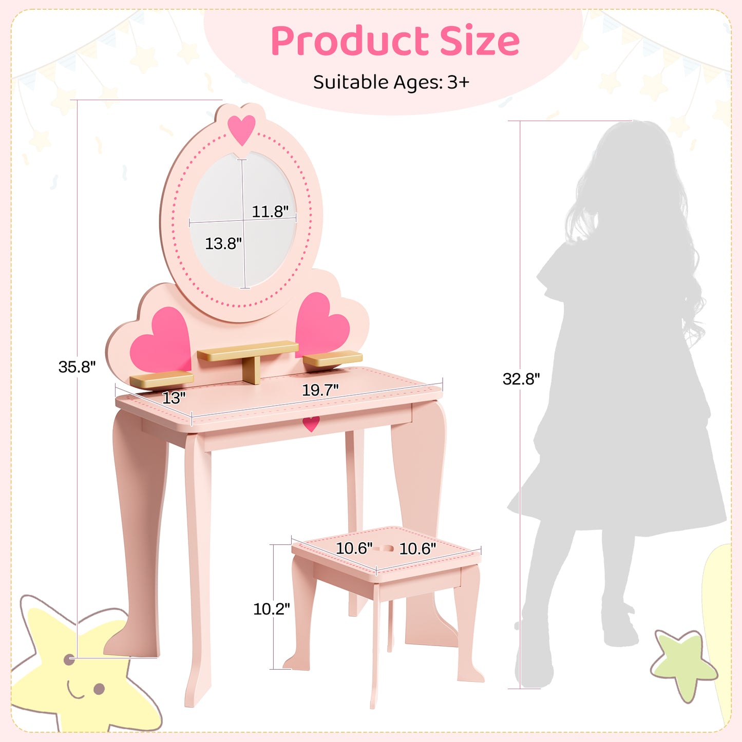 LAZY BUDDY Kids Vanity Set, Wooden Vanity Table and Chair with Mirror, Including 8pcs Pretend Play Makeup Accessories, Princess Dressing Makeup Table for Girls 3+